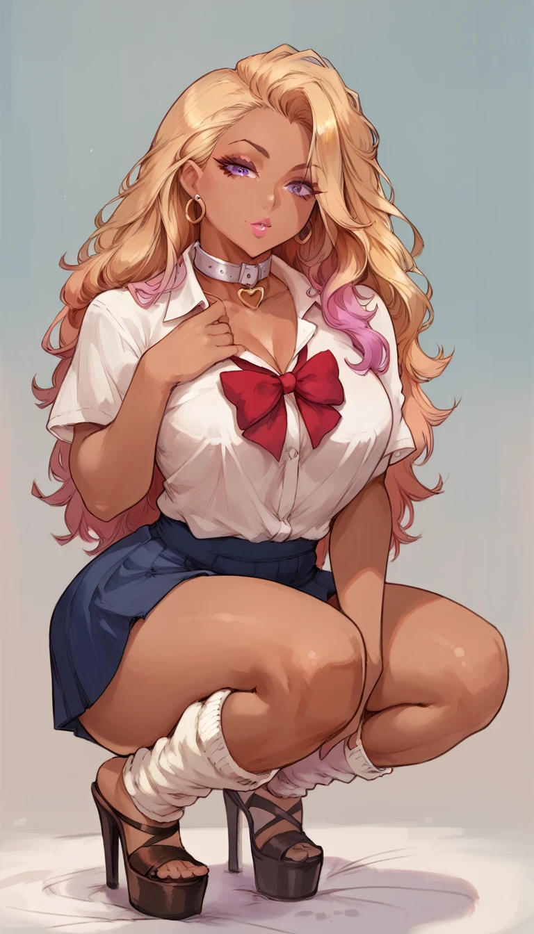 (solo)female ,Black long hair,woman, attractive , wearing blue short skirt, red bow ribbon, white collar shirt, loose clothing, large loose socks, gyaru socks, brown flats,, thicc body, thicc body, thicc, she is squatting, thick thighs,  , high heels , purple eyes , ((front view)) (dark skin)