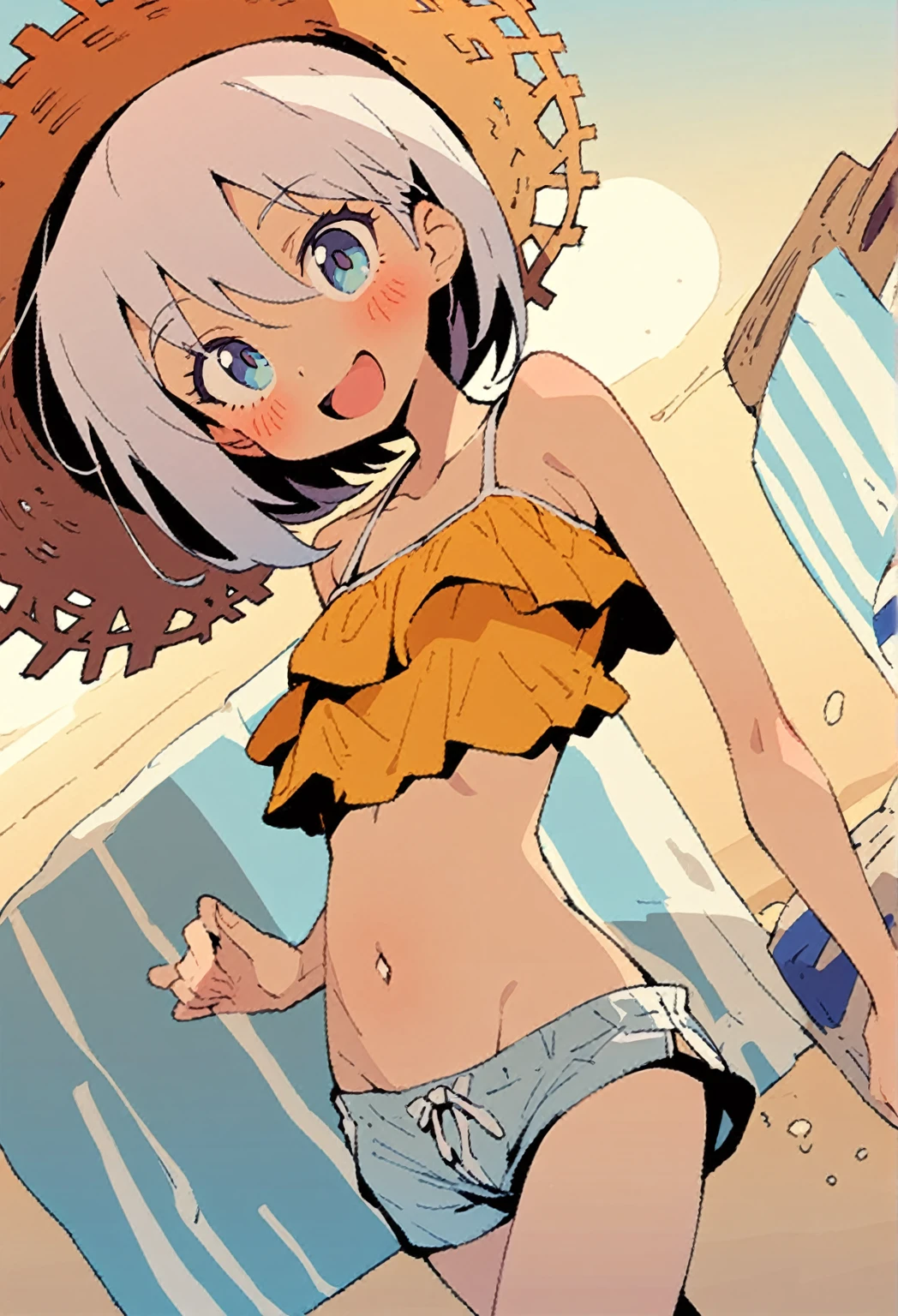 detailed、Highest quality、masterpiece、cartoon style、a girl、Slender Abs、solo、navel、White Hair、Straw hat、Shorts、Short top、Swimwear、smile、Open Mouth、blush、evening、Sandy Beach、cute、skinny body