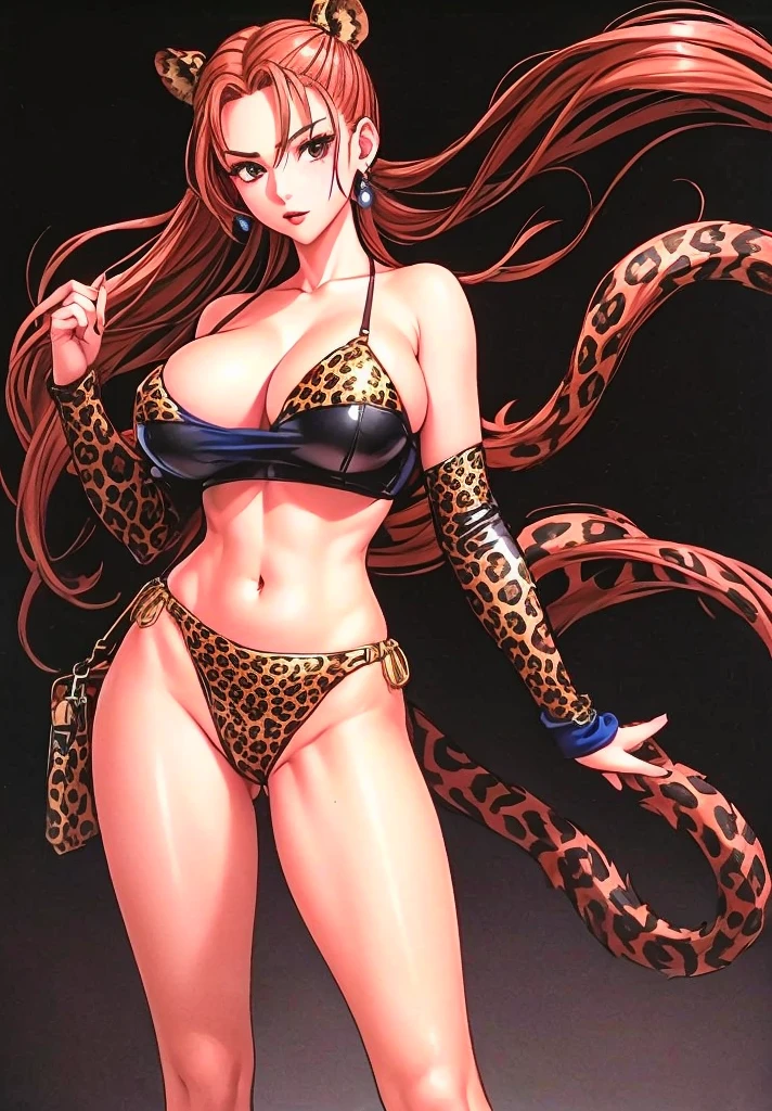 Jessica with big breasts of 93 or more, beautiful legs, a mature face with red lips, and red lips is standing in a western town in a leopard print bikini。The arm is not wearing anything。High image quality。