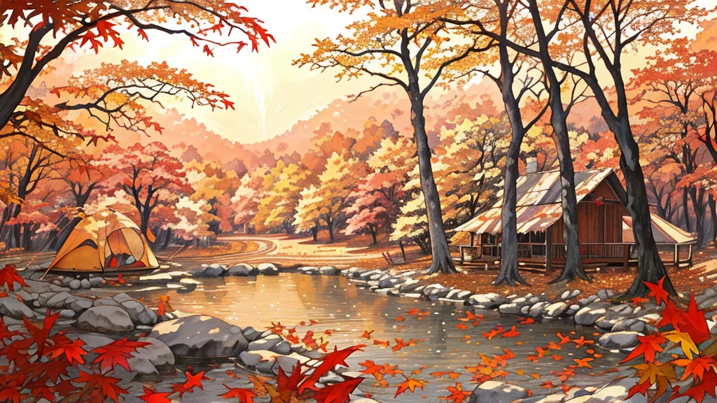 (masterpiece:1.2),  best quality ,Pixiv,  Kampala, Super detailed, it makes you feel the calm and rich beauty of nature （1.7）No humans appear,Humans not included, Fall campground、 There is a tent set up in front of you and there is a bonfire nearby 、Forest sky with fallen leaves and autumn leaves that block the view 、 Spirit Beautiful Sunset Light Shines In 、 leaves, natural beauty, surprise, magic, red leaves, yellow leaves, autumn leaves, forest light effects, mysterious atmosphere, shadow composition, another world experience
