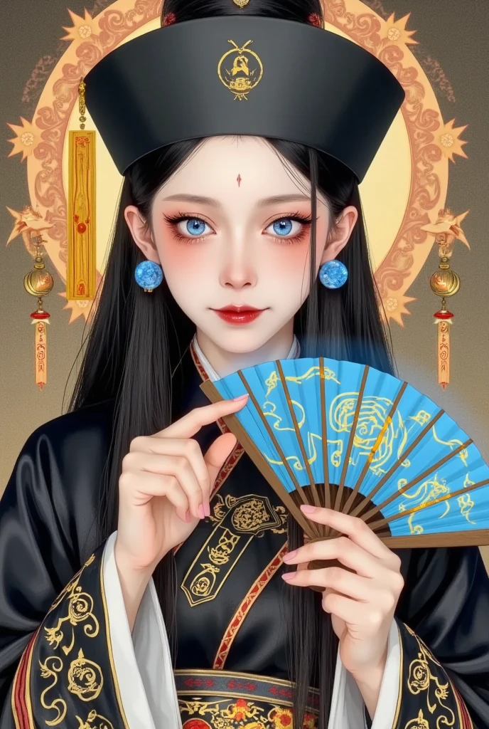   art illustration，colored pencil art ：Female Taoist, teeth， An animated comic ，Qing Dynasty，Official service，Official hat，black， orange runes wafting through the air，Glowing blue runes ，Detailed fan art, Beautiful digital illustrations, Digital Anime Illustration, 