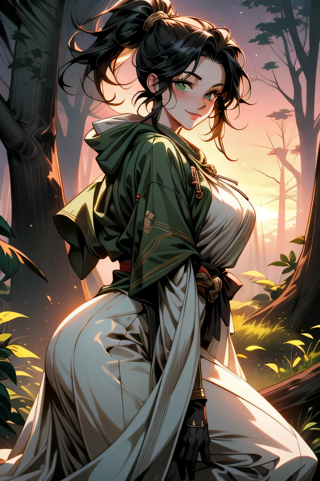 (( ultra-detailed hood is worn, masterpiece, absurd)) dynamic pose, woman , detailed eyes, full-length, kind smile, black hair , high ponytail , green eyes, fantasy Japanese-style clothing, talismans, hood, gold jewelry, sunset forest, beautiful detailed forest