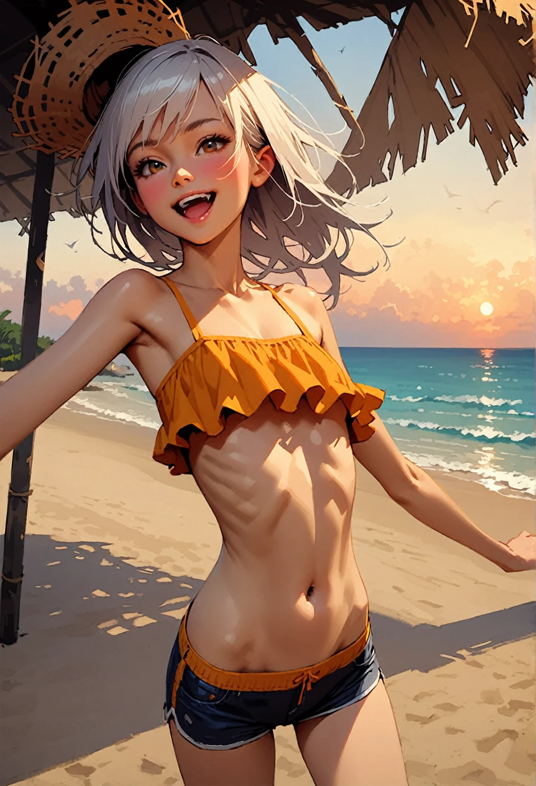 detailed、Highest quality、masterpiece、realistic、a girl、Slender Abs、solo、navel、White Hair、Straw hat、Shorts、Short top、Swimwear、smile、Open Mouth、blush、evening、Sandy Beach、cute、skinny body