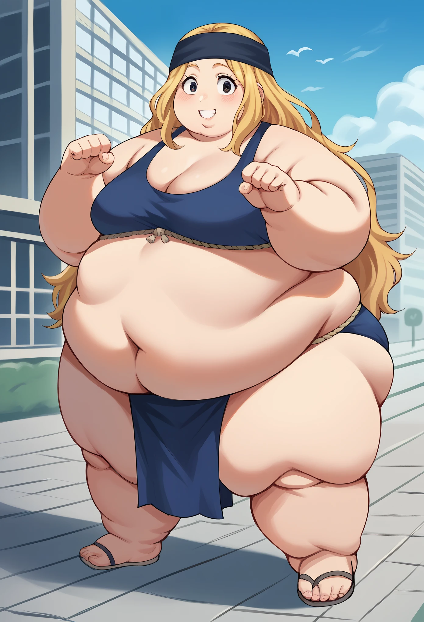 score_9, score_8_up, score_7_up, source_anime BREAK 1girl, solo,   chihayap5, very long hair, blonde hair, headband, smile, standing, city, shinjuku, fat, chubby, obese, obese,loincloth,  a mawashi, sumo wrestler, shiko dachi stance, horse stance