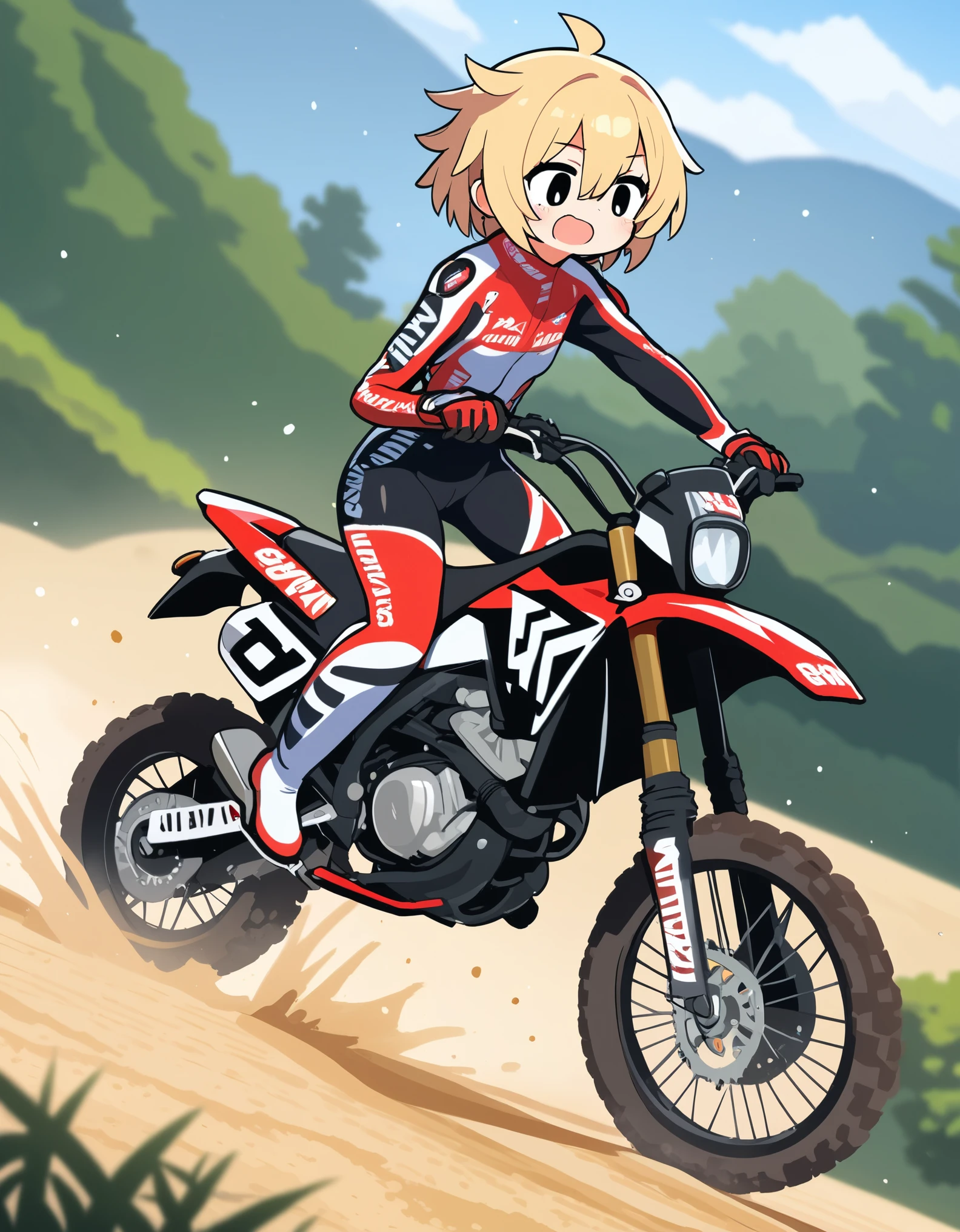 masterpiece,best quality,ultra detailed,8k,,smaller female,blond hair,short hair,hair between eyes,black eyes,motocross suit, riding aprilia RX 125 in dirt road, jump,