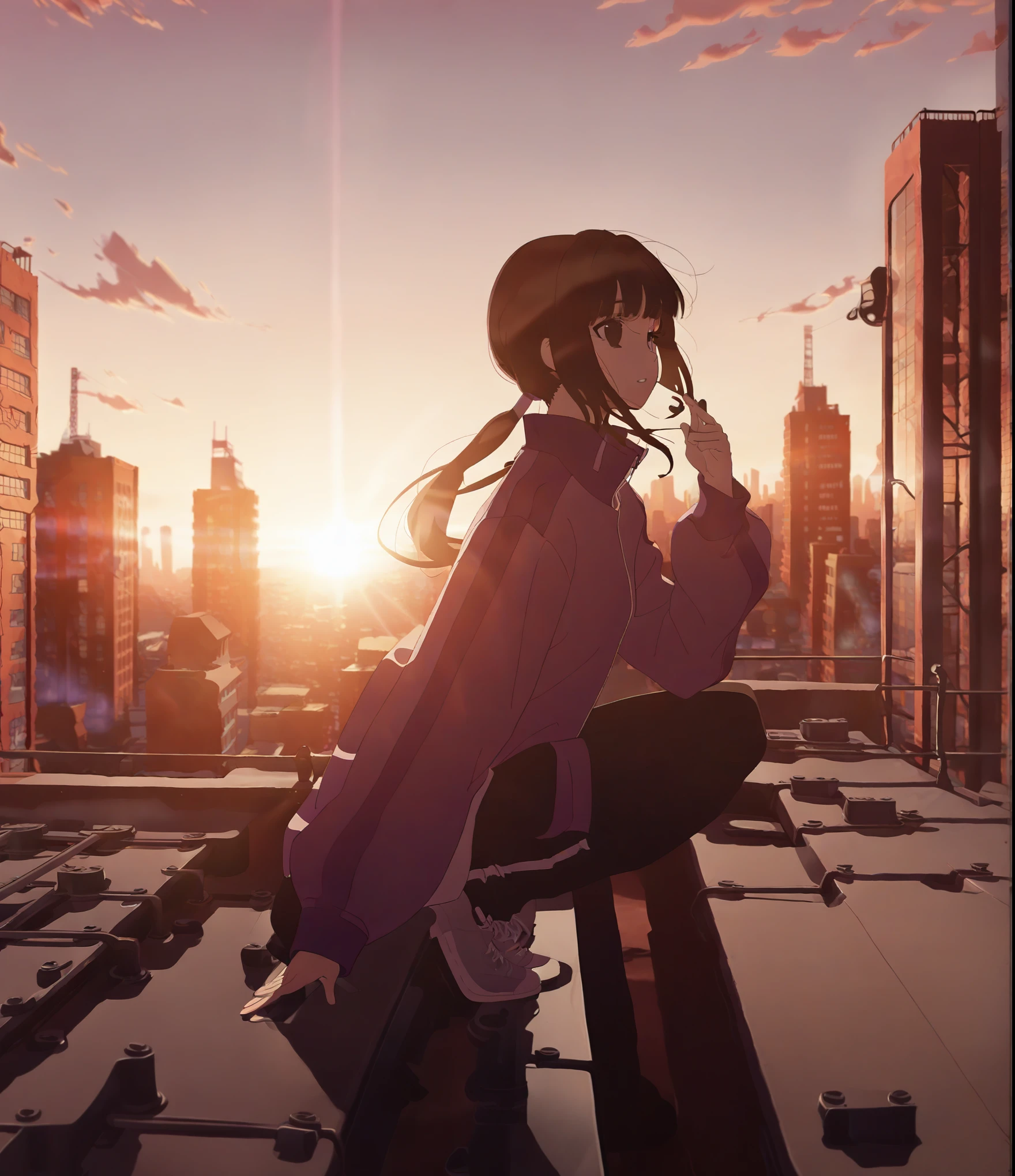 1 Girl，Black low ponytail， black eyes ，purple white loose fit long sleeve tracksuit，Black trousers，Sunset，red brick skyscrapers in the background，Movie Lighting，School，Single