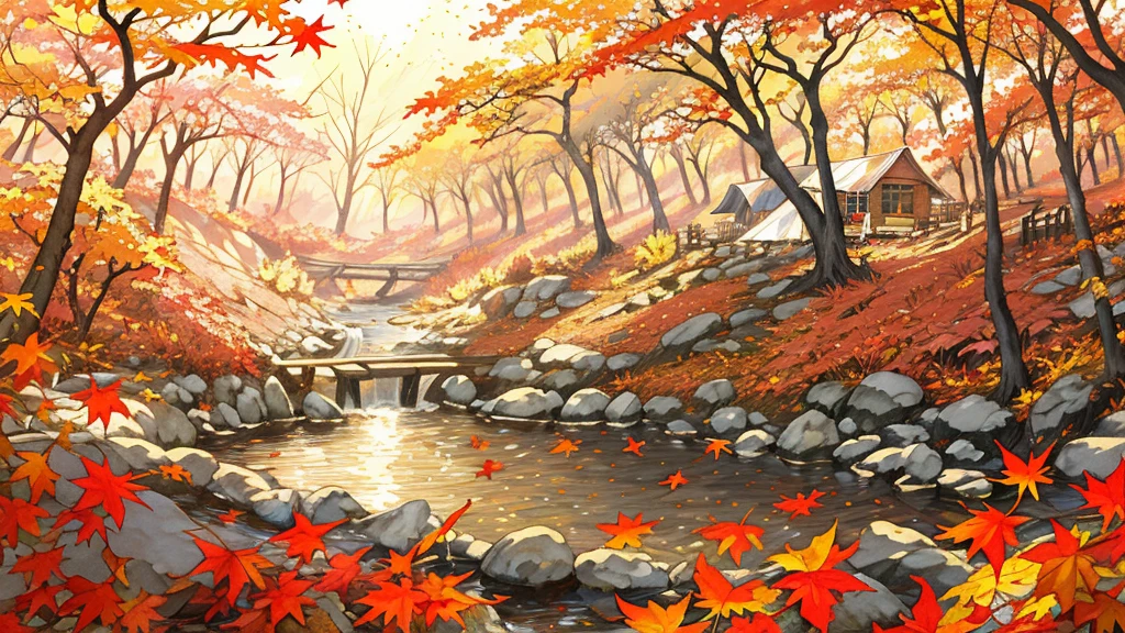 (masterpiece:1.2),  best quality ,Pixiv,  Kampala, Super detailed, it makes you feel the calm and rich beauty of nature （1.7）No humans appear,
Humans not included, Fall campground、 has a private tent set up on the right in front of you, and there is a bonfire nearby、Fallen leaves and autumn leaves that block the view fly through the air 
Morisora 、 Spirit Beautiful Sunset Light Shines In 、 leaves, natural beauty, surprise, magic, red leaves, yellow leaves, autumn leaves, forest light effects, mysterious atmosphere, shadow composition, another world experience