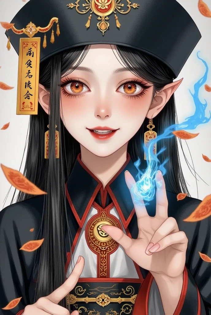   art illustration，colored pencil art ：Female vampire , teeth， An animated comic ，Qing Dynasty，Official service，Official hat，black，Orange runes floating in the air， glowing blue symbol， Detailed Fan Art by Female Mages, Beautiful digital illustrations, Digital Anime Illustration, The human body is properly disassembled