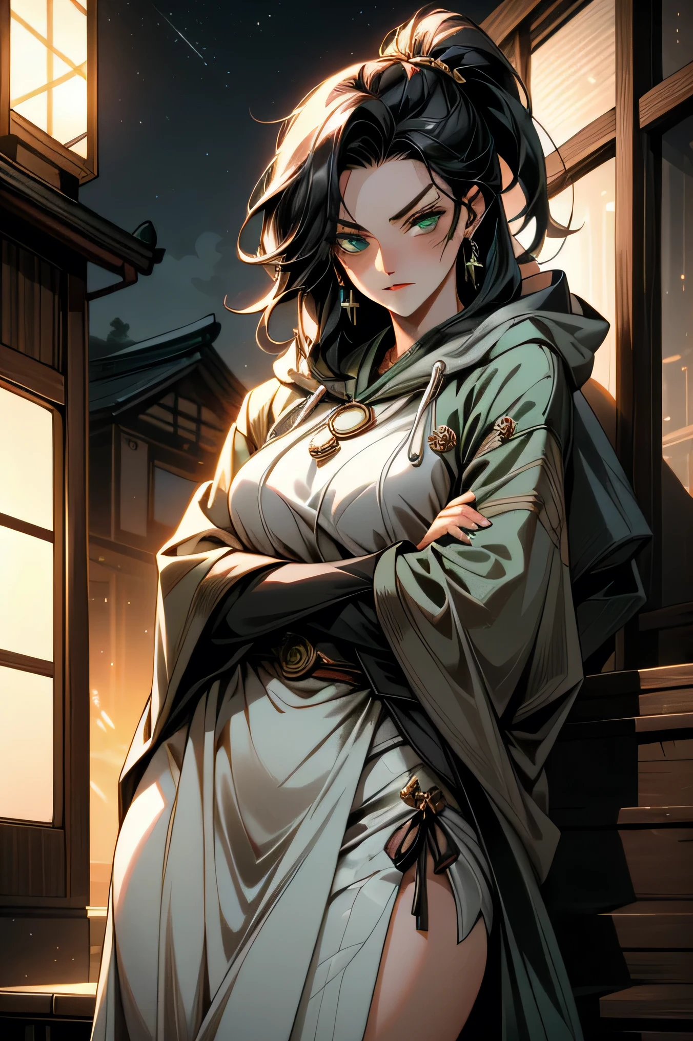 (( ultra-detailed hood is worn, masterpiece, absurd)) woman, crossed arms, detailed eyes, full-length, black hair , high ponytail , green eyes, fantasy Japanese-style clothing, talismans, hood, gold jewelry, night japanese ancient town
