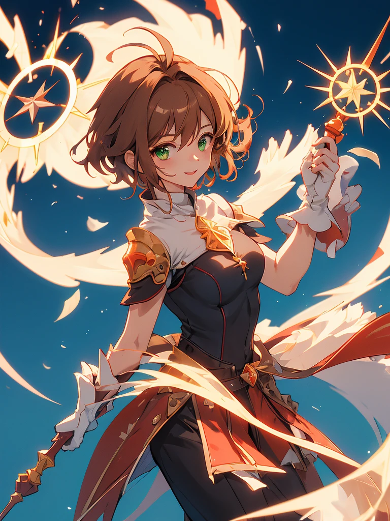 master piece, Best Quality, A high resolution, top-quality, Anime style, The best lighting, Beautiful face, kinomoto sakura, 1woman, tall, 30 years old, large breasts, light brown hair, very Short hair, shoulder length hair, Antenna Hair, Green eyes, frills, dynamic angle, confident smile, vibrant colors, mage, pyromancer, practical clothing, magic staff sunny day, fantasy city environment, dynamic pose, fire and flames,