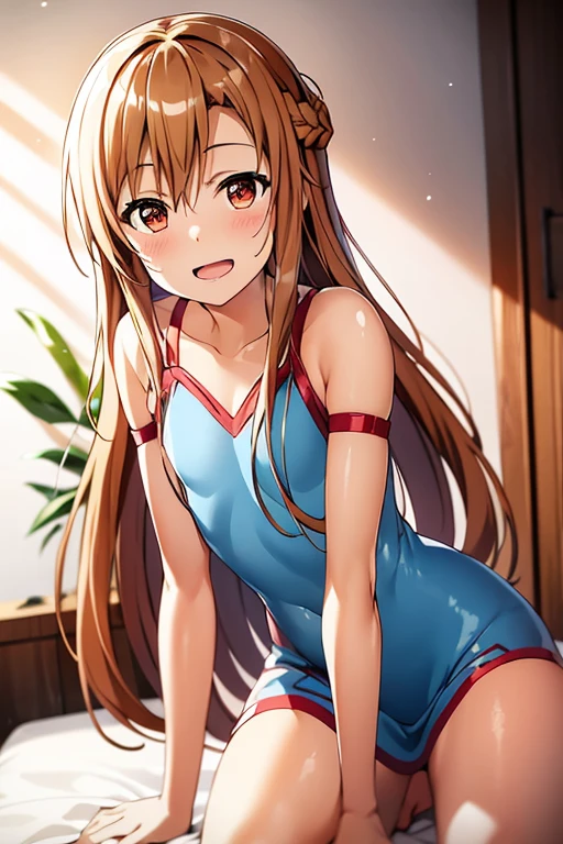 ((Best Quality)), ((masterpiece)), (be familiar with),  perfect face, indoor, bedroom,  watching viewers,
One woman, Yuuki Asuna,
Open Mouth, Ecstatic expression, blush, smile,
Small breasts,  flat chest, , , child, Girl,
Long Hair,  long hair,
Leg spread,