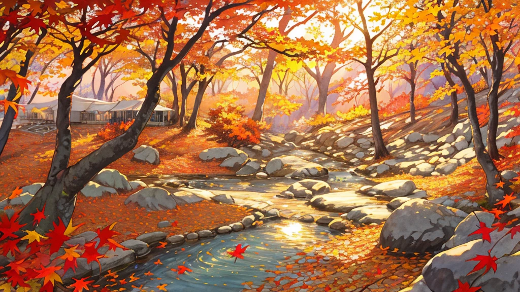 (masterpiece:1.2),  best quality ,Pixiv,  Kampala, Super detailed, it makes you feel the calm and rich beauty of nature （1.7）No humans appear,
Humans not included, Fall campground、A private tent is set up on the front right side of the screen, and there is a bonfire nearby、Fallen leaves and autumn leaves that block the view fly through the air 
Morisora 、 Spirit Beautiful Sunset Light Shines In 、 leaves, natural beauty, surprise, magic, red leaves, yellow leaves, autumn leaves, forest light effects, mysterious atmosphere, shadow composition, another world experience