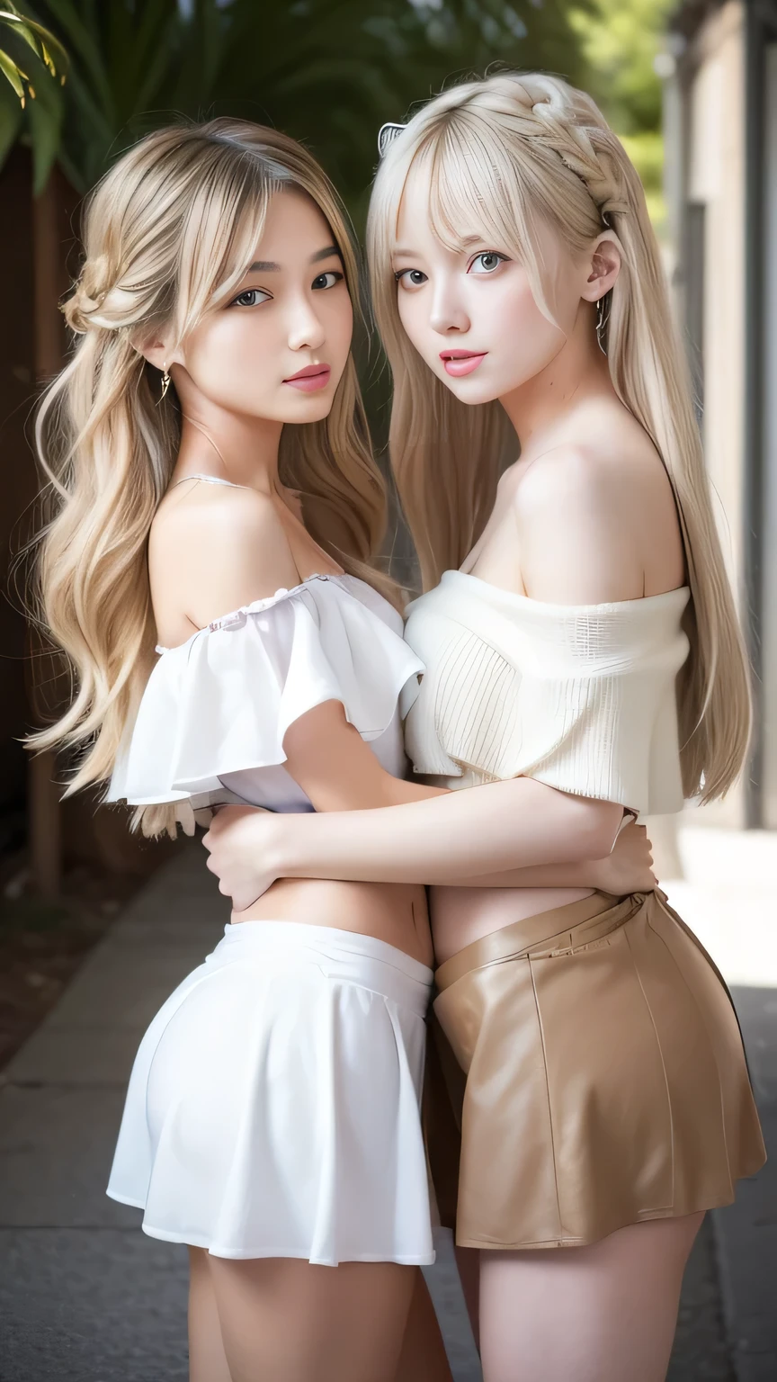 (Top Quality), (巨作), (Raw photo), masters, Extremely beautiful, High-definition CG, 8k壁紙, Amazingly fine detail, offical art, huge filesize, highly resolution, darkness, atmosphere, mystical, romanticism, Spooky, literature, Art, lo fashion, Elegant, ((Perfect anatomical depiction of the human body))), (Two girls in their teens and 20s kiss in a flower garden),
grab breasts, (Involuntarily grabbing my chest), (Two people are different races), qincai, One has blonde blue eyes and long hair that is partially braided、 (Blonde blue-eyed person hugs and kisses from behind),
One is a twin-tailed brunette Japan with beautiful whitening skin, (Japan person hugs from behind, turns around and kisses), (Very huge)、(super Big huge tits:1.4)、(skinny waist)、(big buttock)、(thin thighs)、(Skin turns white)、Baby face、((Neat white blouse in smooth thin fabric with ribbon tie))、(The chest of the blouse is very cramped)、(no-bra)、(dark areolas)、(Blouse crushes large breasts and spreads to the sides)、
((Ultra Micro Mini Pleated Skirt)), (The skirt length is short enough to see the buttocks.), (White panty), (No skin exposure of upper body), (Neat clothes with all buttons fastened), (Shooting from below), (Frame-in from the knee up), Garden with soft sunlight, (Flowers are blooming profusely), (Backlit shooting), Ribbon Ties, smile on face、thights、buttock