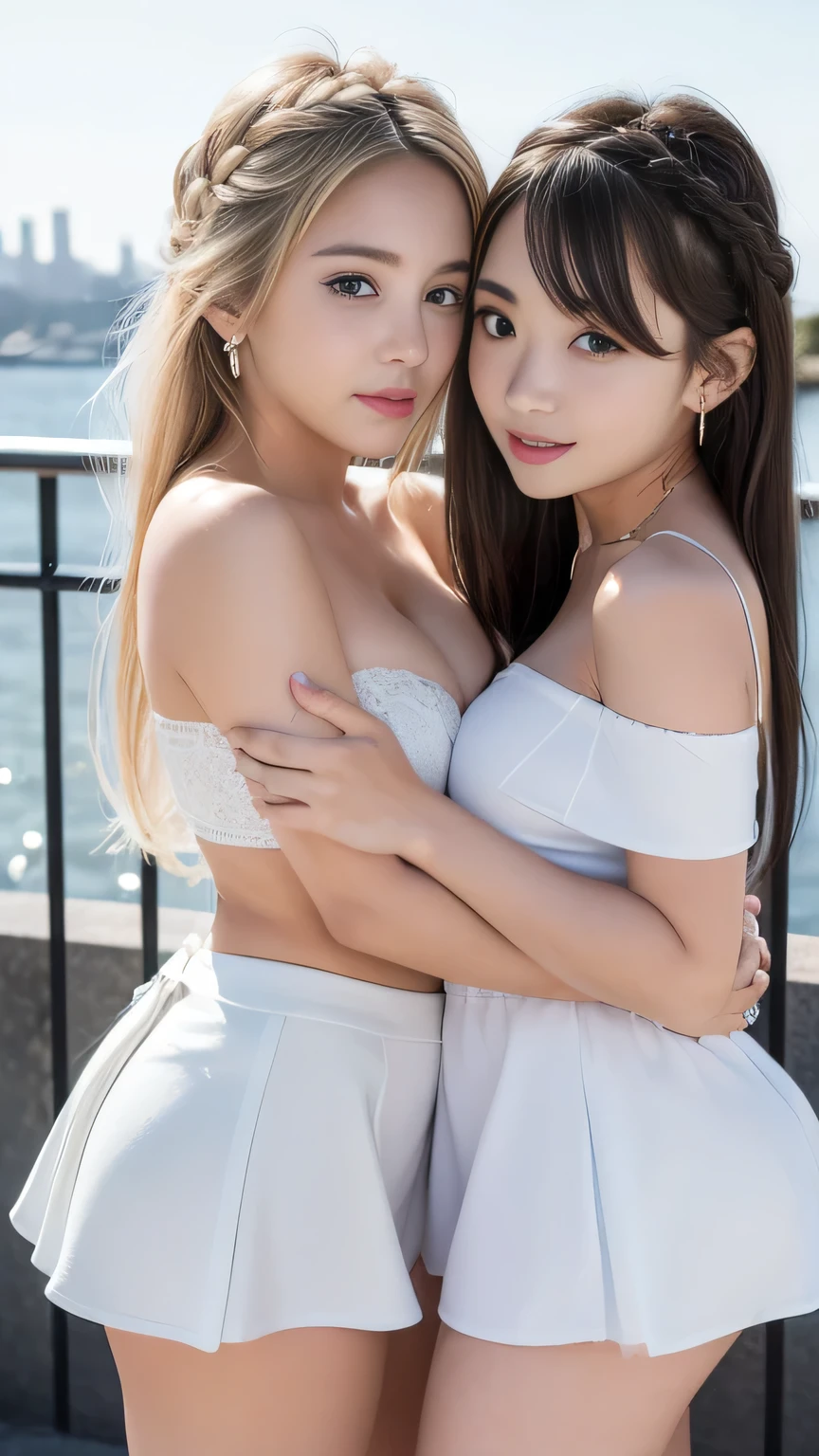 A female announcer is broadcasting live from Himeji Castle.。Blonde ponytail。smile、back。Beautiful buttocks。One towel naked