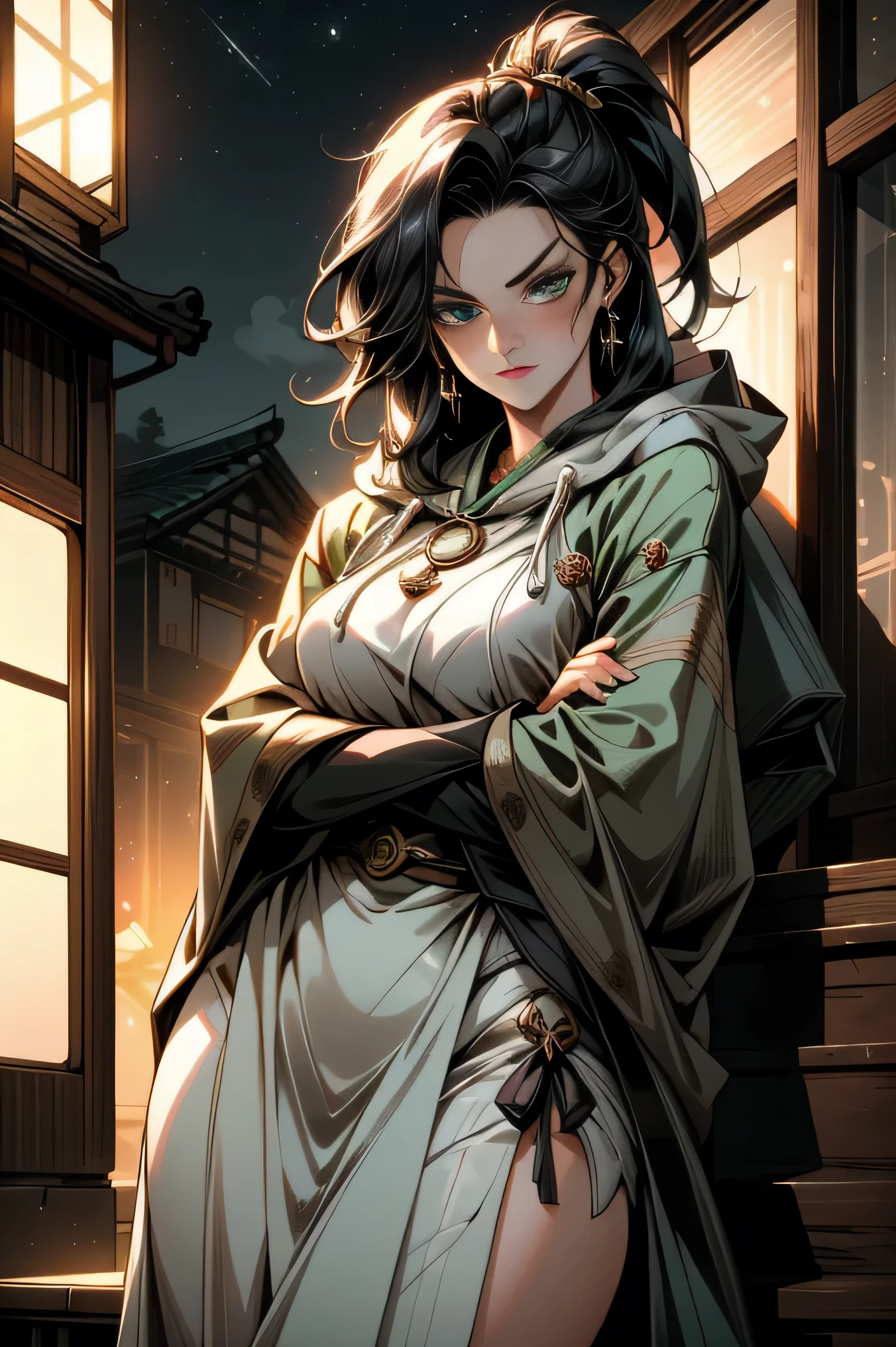 (( ultra-detailed hood is worn, masterpiece, absurd)) woman, crossed arms, detailed eyes, full-length, black hair , high ponytail , green eyes, fantasy Japanese-style clothing, talismans, hood, gold jewelry, night japanese ancient town