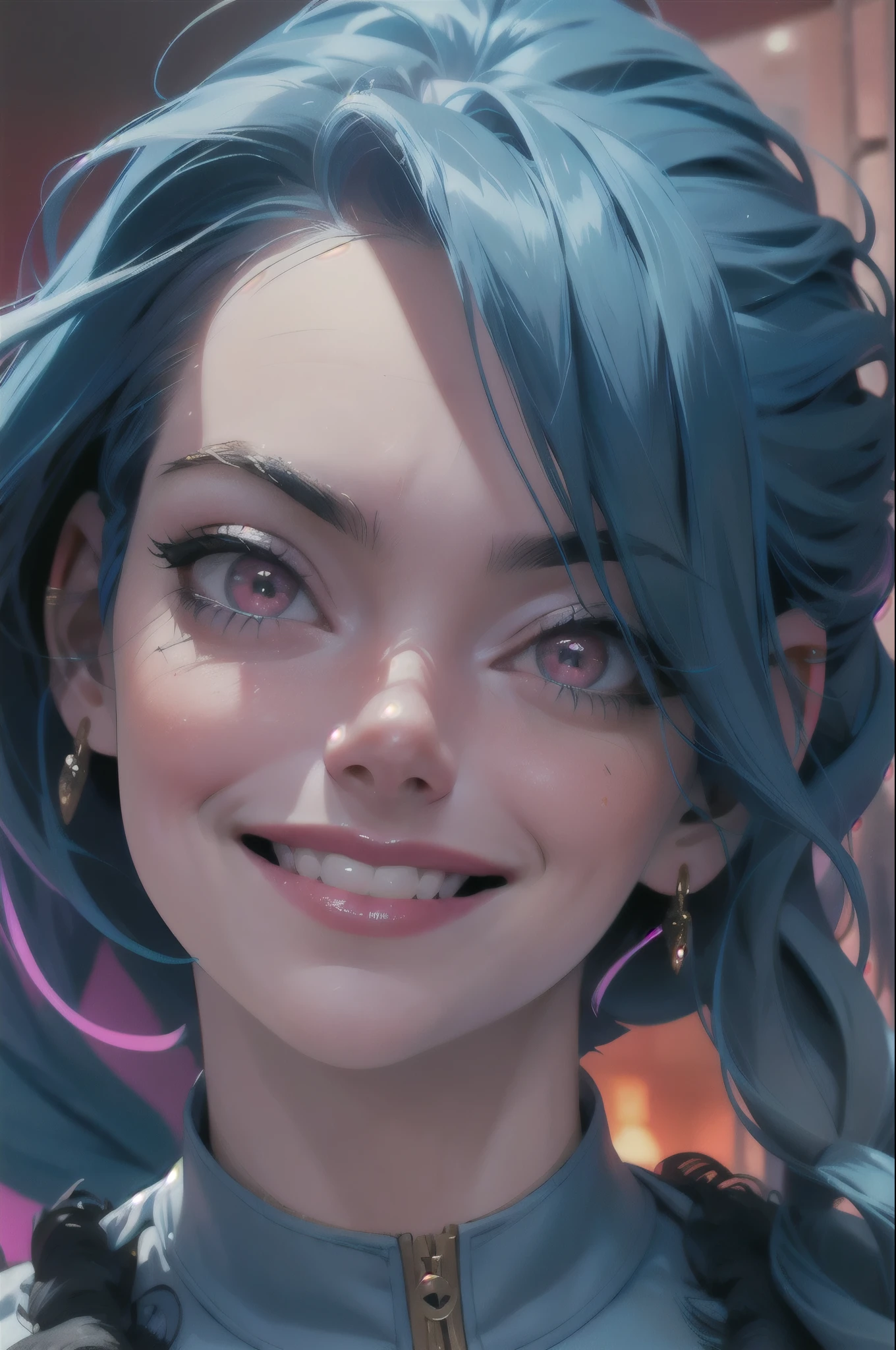 ( masterpiece, better quality, intricate, detailed:1.4), ( close up of a sexy girl's face:1.3), (Enlarge:1.4), blue hair, ponytail , big eyes, red eyes, (smile512 :1.4), ( irritated512 :0.9), Blush, moles, detailed skin, , two-tone lighting , dramatic lighting, discreet, Azar lol , acid background , emma stone, jinx lol