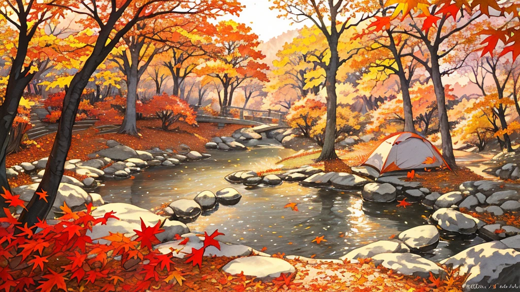 (masterpiece:1.2),  best quality ,Pixiv,  Kampala, Super detailed, it makes you feel the calm and rich beauty of nature （1.7）No humans appear,
Humans not included, Fall campground、The tent on the front right side of the screen looks big, and there is a bonfire stand beside it、Fallen leaves and autumn leaves that block the view fly through the air 
Morisora 、 Spirit Beautiful Sunset Light Shines In 、 leaves, natural beauty, surprise, magic, red leaves, yellow leaves, autumn leaves, forest light effects, mysterious atmosphere, shadow composition, another world experience