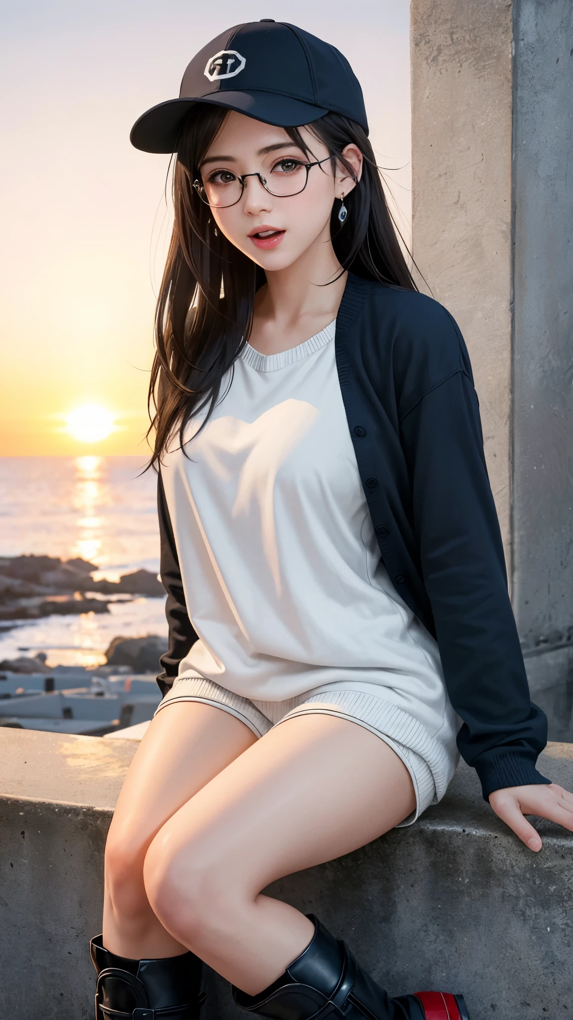 nsfw, {Top Quality, Masterpiece}, (Realistic: 1.3), Wallpapers, ultra high res, ultra high quality, BREAK {{{FF7,Tifa_lockhart, solo}}},{Ultra-detailed face, Detailed Red eyes},(black Brown Hair, long Hair, beautiful straight hair, Large breasts: 1.0),(Imaginative Macanese Female Page, background is Unique The Tablets of Stone, at Sunrise), BREAK {she is wearing a white oversized sweater, lowrise, short pants, knee boots, baseball cap},(glasses:1.5), clothed, (shiny oiled skin: 1.1), about 18age, BREAK {smile, kawaii}, {{erotic eyes, erotic mouth, erotic face}}, BREAK ((stringy viscous liquid)), (love juice:1.2), (facial:1.1), {bukkake:1.2}, she sayed please cum on face:1.3, sexual ecstasy face:1.2,(open mouth:1.2),
