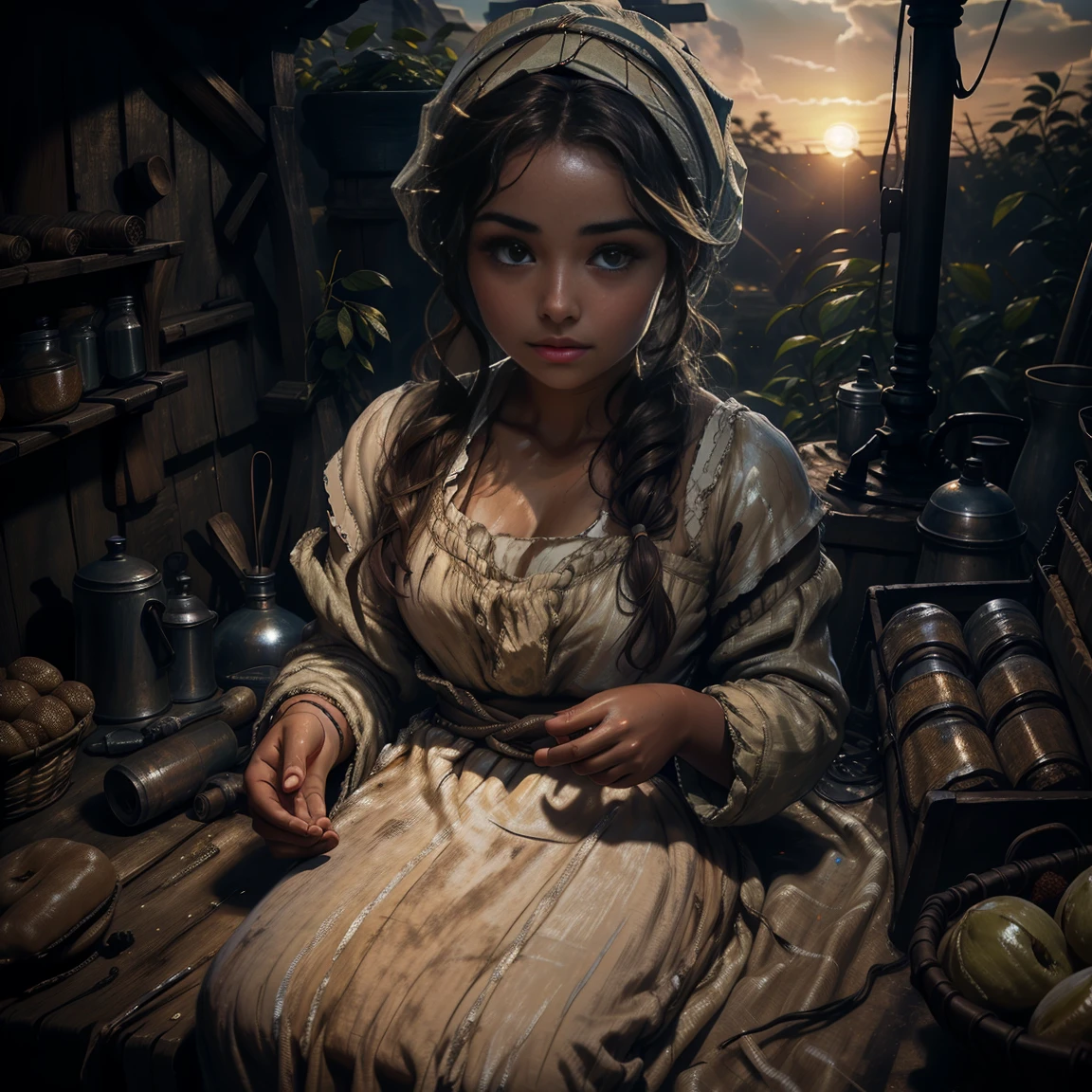 young woman with a *********** face , beautiful. Peasant, working in the field, sweating, big marked breasts, At dusk, wavy brown hair,  with a headscarf.