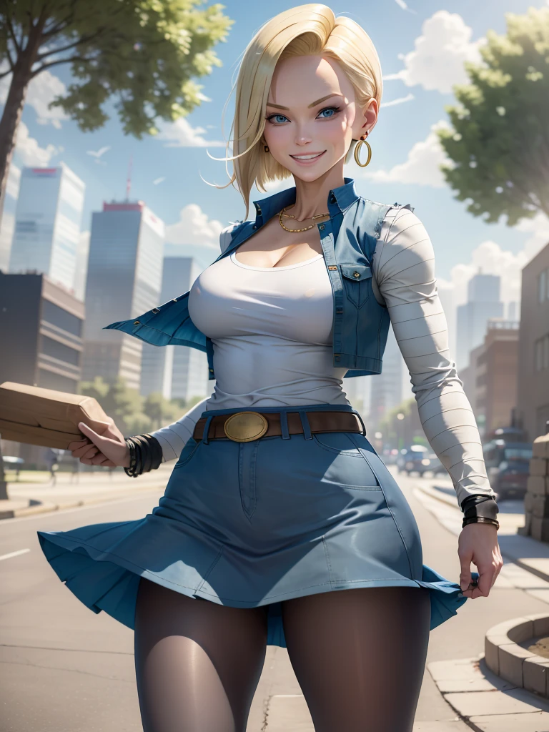 best quality, high-res, and18, 1girl, android 18, solo, blonde hair, blue eyes, belt, tight blue demin skirt, gold necklace, black shirt, short hair, long sleeves, striped sleeves, earrings, open vest, blue denim vest, large breasts, cowboy shot, city park, straight-on, (weather: windy), walking, full length pantyhose, battle ruins, wide hips, shy smile,