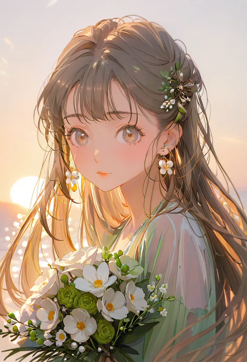 Soft lines、girl、White Hair、Straight Long Hair、((((Hold Light Green Bouquet))))、💐💐💐💐💐💐💐💐💐💐💐、Upper Body、whiteＴshirt、White Background、front、look at me