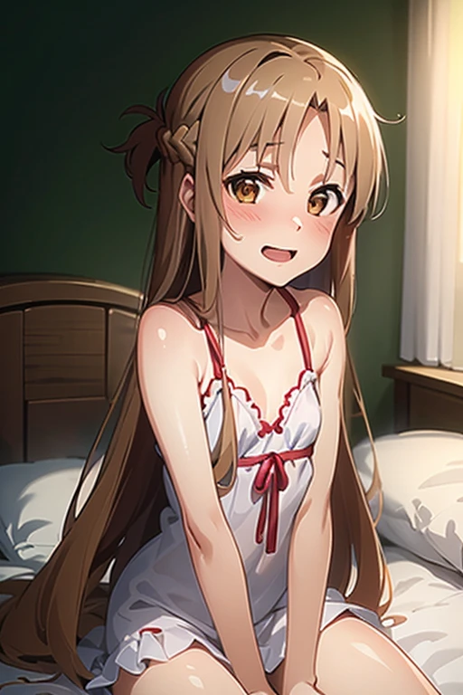 ((Best Quality)), ((masterpiece)), (be familiar with),  perfect face, indoor, bedroom,  watching viewers,
One woman, Yuuki Asuna,
Open Mouth, Ecstatic expression, blush, smile,
Small breasts,  flat chest, , , child, Girl,
Long Hair,  long hair,
Leg spread,