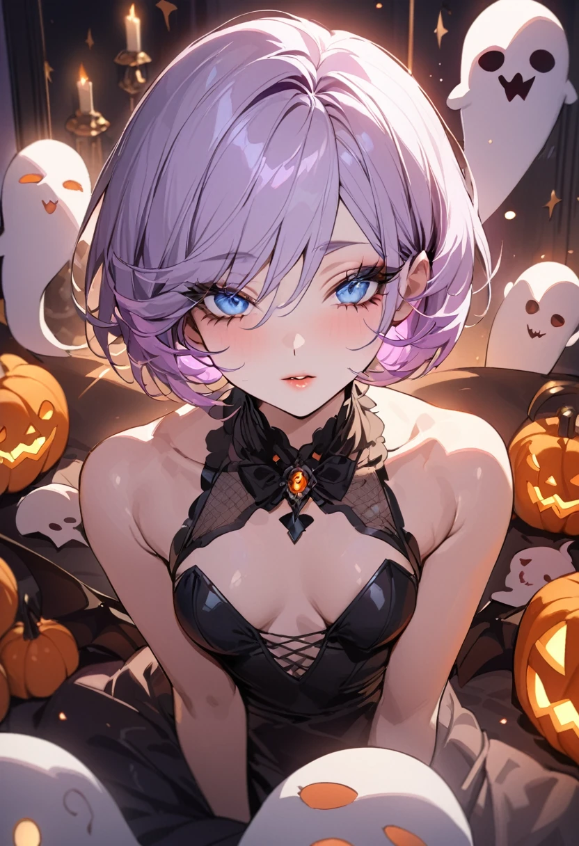 top-quality、Top image quality、in 8K,4K,masterpiece、(NSFW:1.1)、ultra-detailliert、Beautiful、ultra-quality、cute little、girl with(((18year old、Halloween Costumes:1.5、Cultivated woman、Bust 78、silber hair、a short bob、Red Eyes、erotick:1.3、Happiness、The tattoo)))、Reflecting the whole body:1.4、hiquality、visualart、Background with((Halloween:1.2))、masutepiece