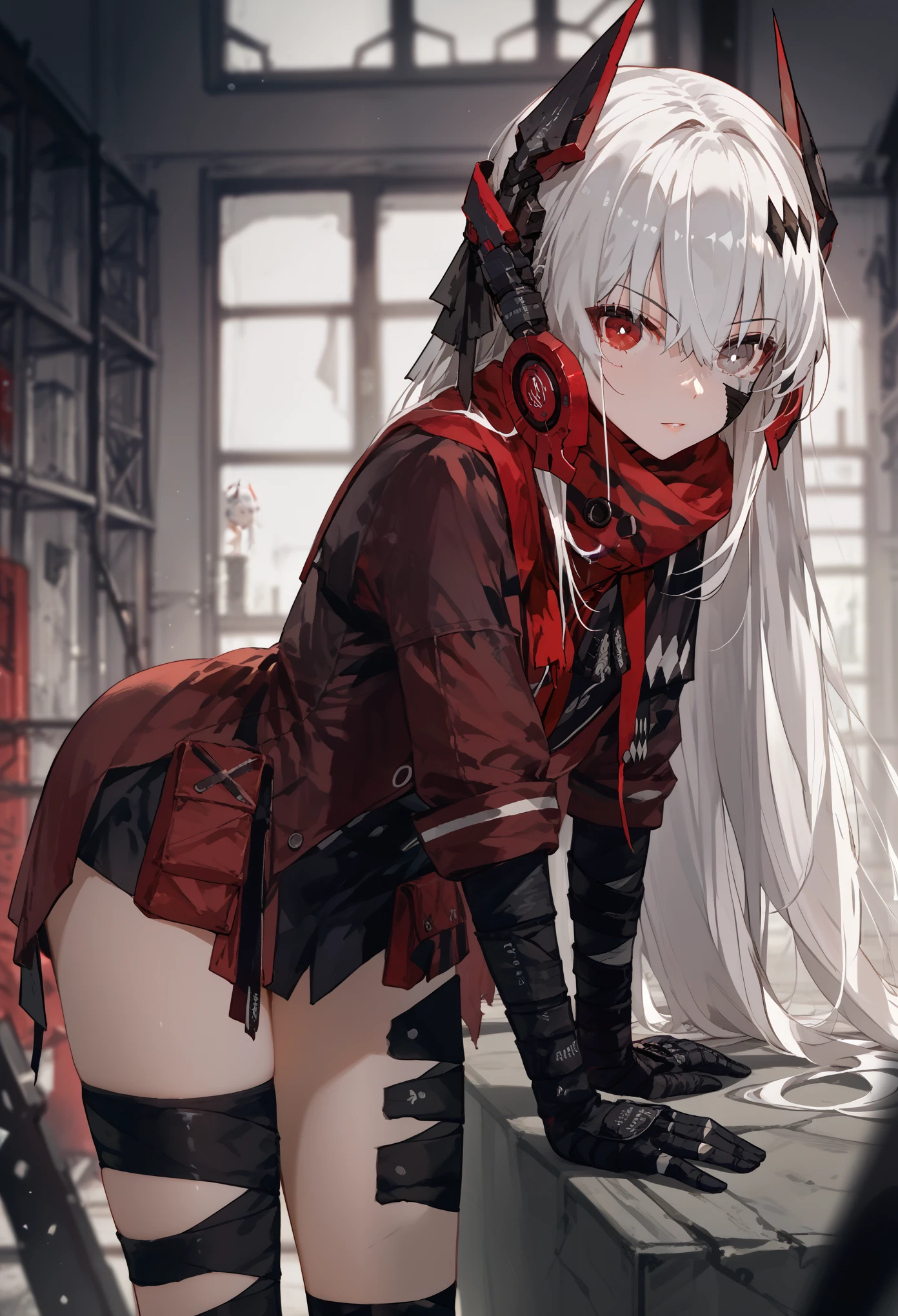 zPDXL2, score_9_up, score_8_up, score_7_up, (Anime_source), 1girl, CrimsonAbyss, Heterochromia, red eye, grey eye, white hair, Crimson clothes, headgear, (bandaged leg),leaning forward,looking at viewer,twisted head,consternation
