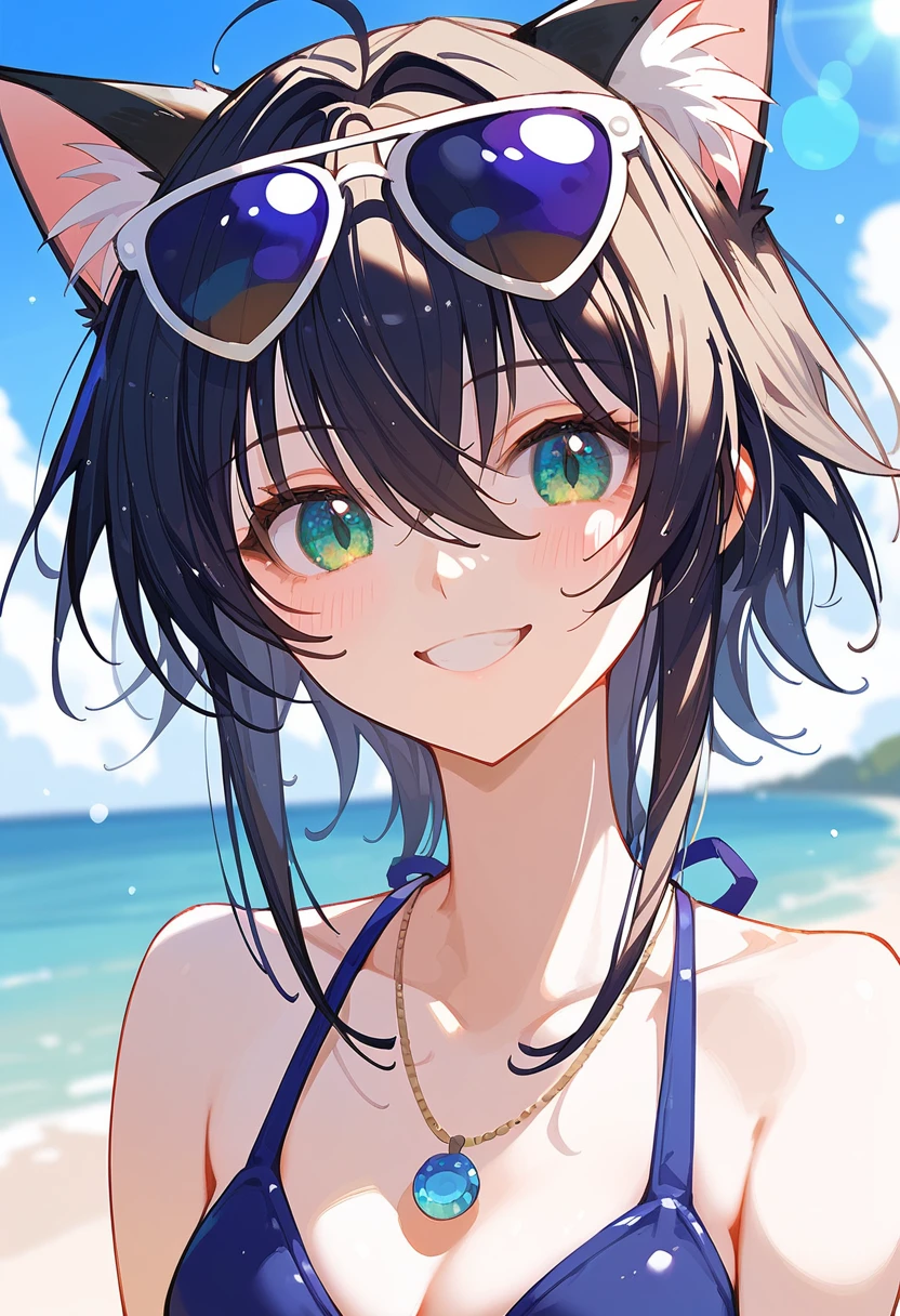 nai3, close up, masterpiece, best quality, bokeh, cute, Koneko Toujou (DXD), 1girl, swimsuit, beach, sunglasses, smile, cat ears