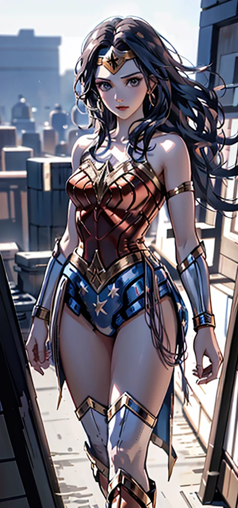 1female,35yo,Huge breasts, 独奏, wonder women,Wonder Woman uniform,Dressed in blue cyberpunk style,red capelet,比基尼, Beautiful legs and buttocks ,the ocean, She has long flowing black hair, ,Sateen,Bigchest, From the front side, Wet straight hair, Sweating profusely,mostly cloudy sky,(tmasterpiece),(Very detailed CG unity 8K wallpaper),best qualtiy,cinmatic lighting,detailed back ground,beatiful detailed eyes,Bright pupils,(Very fine and beautiful),(Beautiful and detailed eye description),ultra - detailed,facing at camera,A high resolution,ultra - detailed),Very long hair,standing on your feet,Emotive expressions,Smile,Chest sagging,Camel toes,with no underpants,extremely large bosom,Extremely colorful,Most detailed,fully body photo,The face is well lit