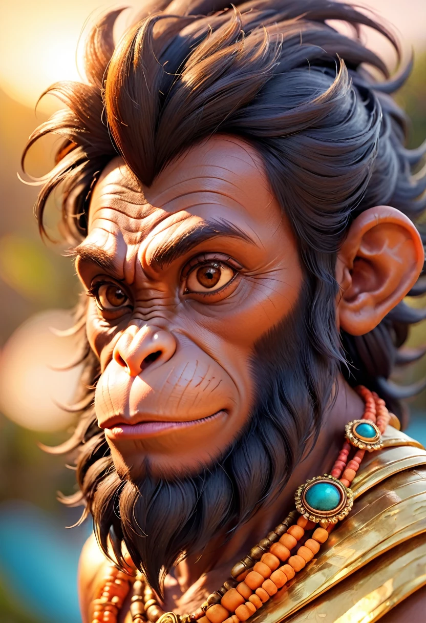 a  design of a  (((hanumanji)))), divine monkey face, sunset design, 3D art , bright bold colorful., realistic effect, digital image , bird's-eye view , focused on the character, 4K resolution, photorealistic rendering, using Cinema 4D,front side