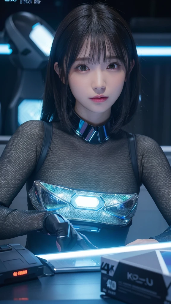 (​masterpiece,top-quality,超A high resolution),A Japanese Lady, (((Very beautiful 12 year old girl))), Kawaii Girl、View photographer､Front view,  ((Shorthair)), hyper cute face, Glossy lips, Double eyelids in both eyes,Smiling smile、 Natural makeup, long eyelashes, Glossy and smooth hair quality､central image,  Perfect limbs, Perfect ???????,(((Dark blue sexy silk cyberpunk suit)))、((1 Mechanical Girl))