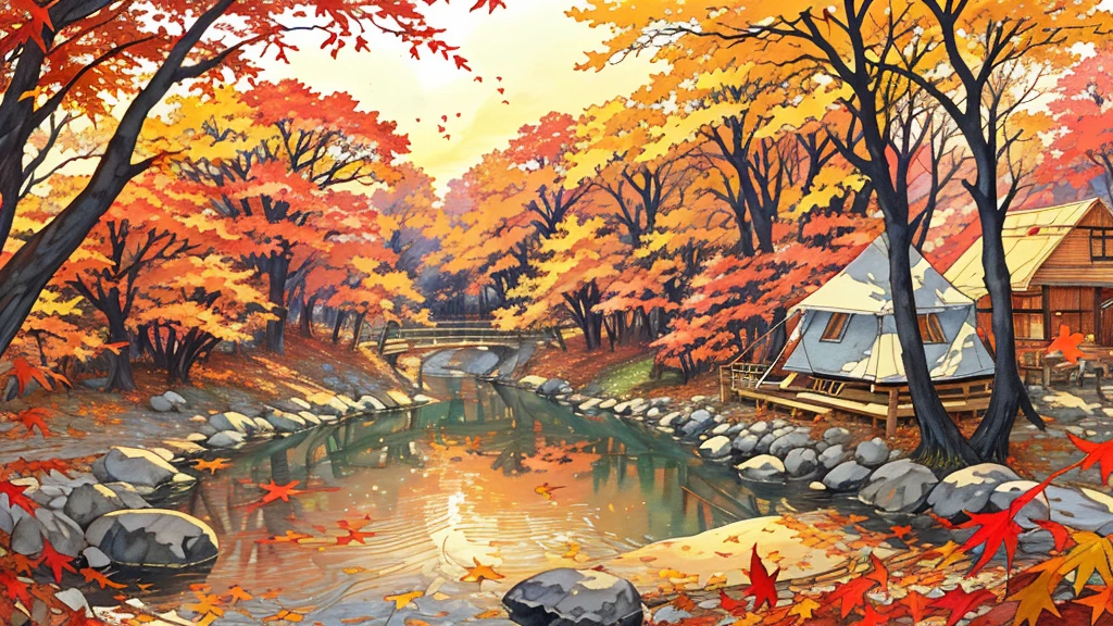 (masterpiece:1.2),  best quality ,Pixiv,  Kampala, Super detailed, it makes you feel the calm and rich beauty of nature （1.7）No humans appear,
Humans not included, Fall campground、The tent on the front right side of the screen looks big, and there is a bonfire stand beside it、Fallen leaves and autumn leaves that block the view fly through the air 
Morisora 、 Spirit Beautiful Sunset Light Shines In 、 leaves, natural beauty, surprise, magic, red leaves, yellow leaves, autumn leaves, forest light effects, mysterious atmosphere, shadow composition, another world experience