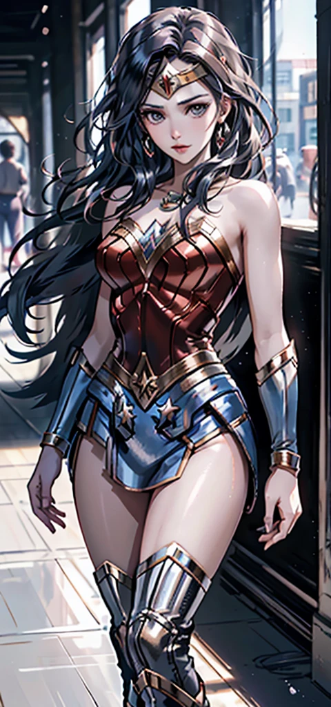 a woman ((beautiful, 21s, wonder woman( gal gadot), big-huge breasts)) wearing cheerleader outfit uniform