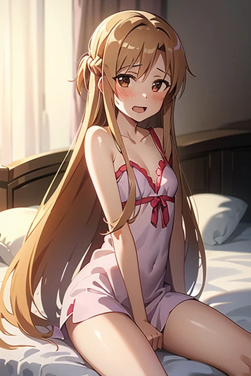 ((Best Quality)), ((masterpiece)), (be familiar with),  perfect face, indoor, bedroom,  watching viewers,
One woman, Yuuki Asuna,
Open Mouth, Ecstatic expression, blush, smile,
Small breasts,  flat chest, , , child, Girl,
Long Hair,  long hair,
Leg spread,