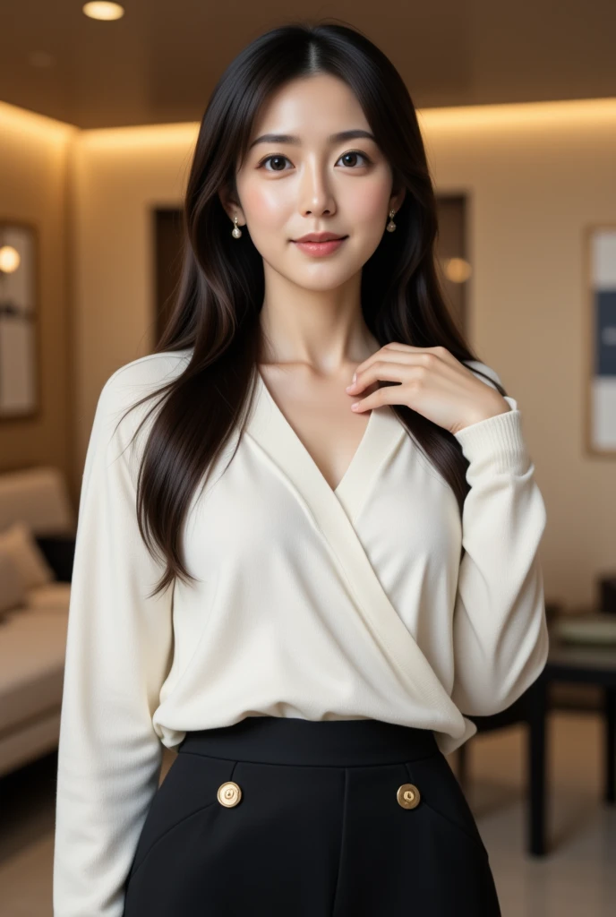 A hyper-realistic photograph of a young East-Asian woman standing in a ...