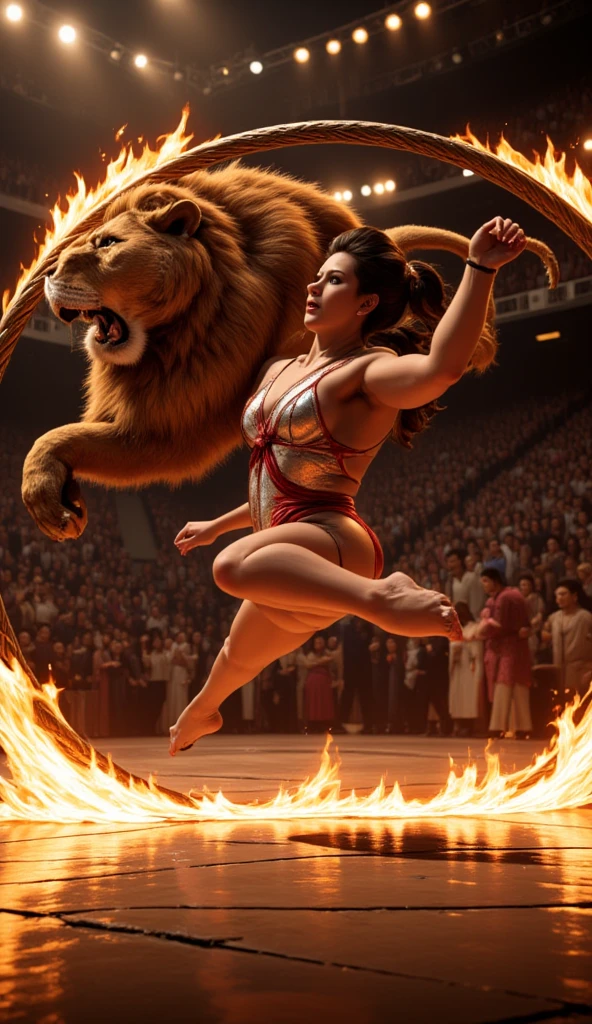 a lion holding a burning hoop for a female human to jump through it, woman wearing red and white leotard, wearing high heels, the woman jumps through the burning hoop, Wide Angle, retina, UHD, best quality, 16k, highres, high details, best details, hyp3rd3tail style, scg-anatomy-female