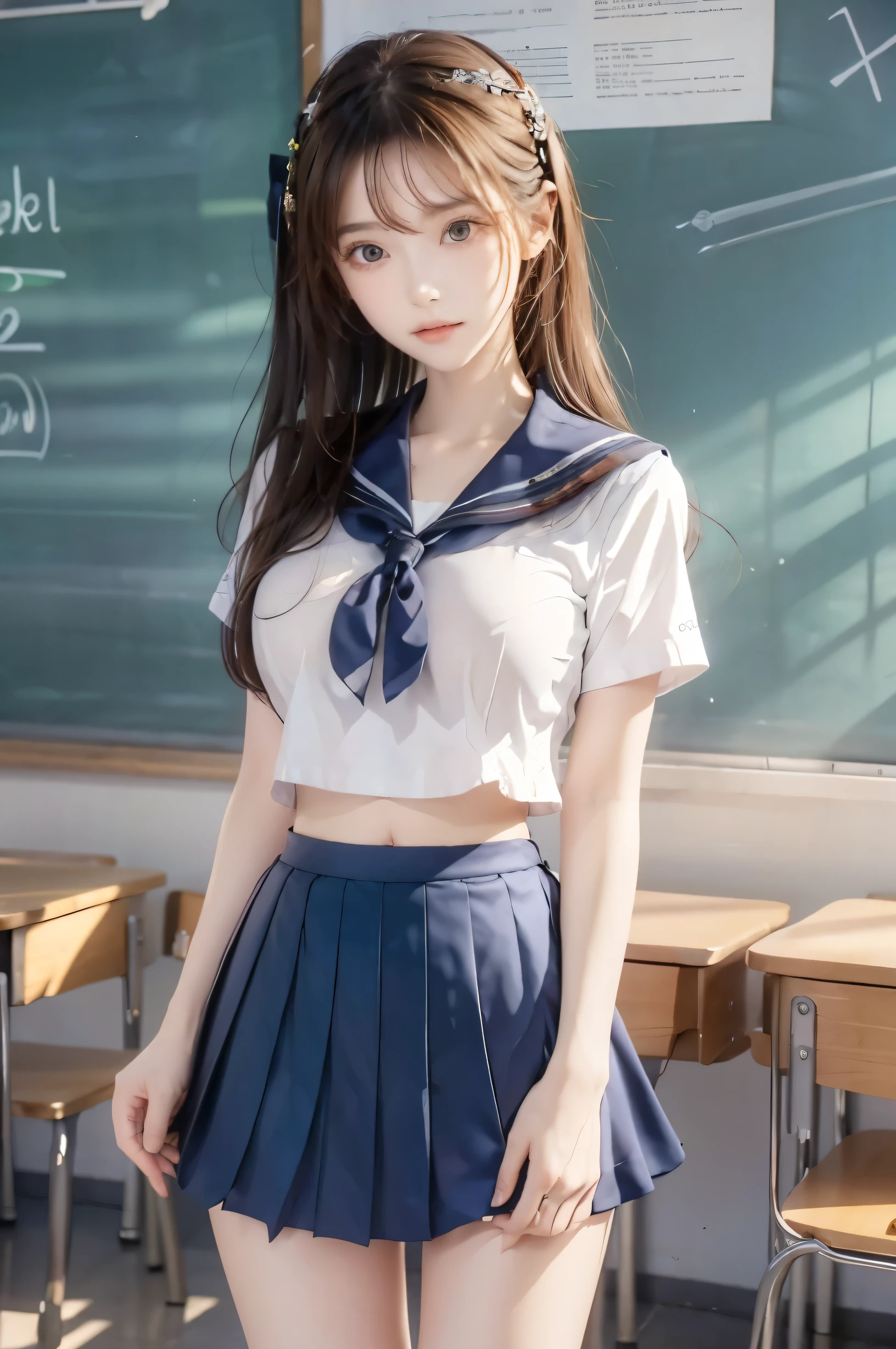 ( super high image quality ), ( looking over here), (Short-sleeved sailor uniform,  navy blue mini skirt), Big Breasts, Super beautiful breasts, Slender, (Thin legs:1.2), (Thin thighs:1.2), (Thin Hips:1.4), (Beautiful Skin,  shiny skin,  white skin), (Super slim face, Super beautiful face, No makeup, Smile:0.6), (Light Brown Hair,  semi-long, Layered Cut, Fluffy hair), (Big eyes:1.3, High corners of the eyes:1.6, double eyelid), (Thin eyebrows:0.1), (Small Nose:0.6), (Thin lips:0.6), Beautiful Hands, Empty-handed,  standing, School classroom