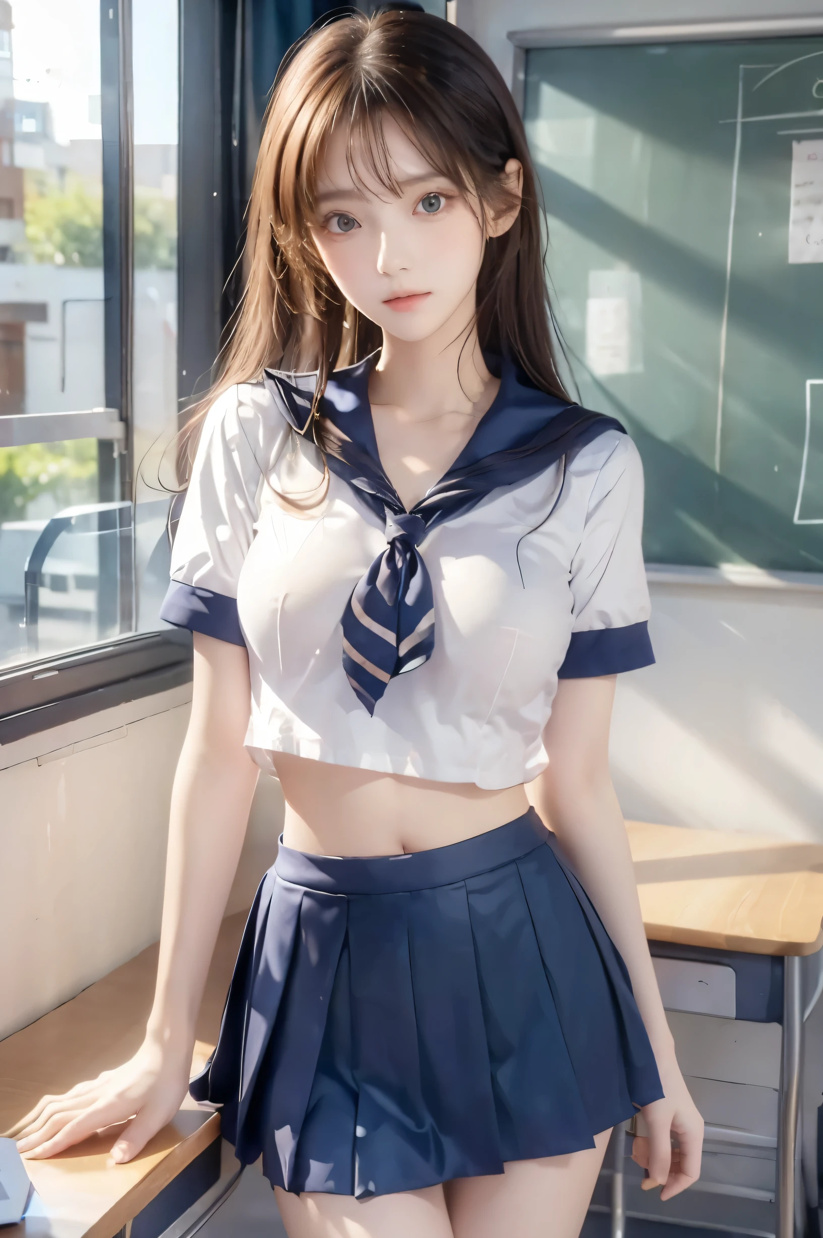 ( super high image quality ), ( looking over here), (Short-sleeved sailor uniform,  navy blue mini skirt), Big Breasts, Super beautiful breasts, Slender, (Thin legs:1.2), (Thin thighs:1.2), (Thin Hips:1.4), (Beautiful Skin,  shiny skin,  white skin), (Super slim face, Super beautiful face, No makeup, Smile:0.6), (Light Brown Hair,  semi-long, Layered Cut, Fluffy hair), (Big eyes:1.3, High corners of the eyes:1.6, double eyelid), (Thin eyebrows:0.1), (Small Nose:0.6), (Thin lips:0.6), Beautiful Hands, Empty-handed,  standing, School classroom