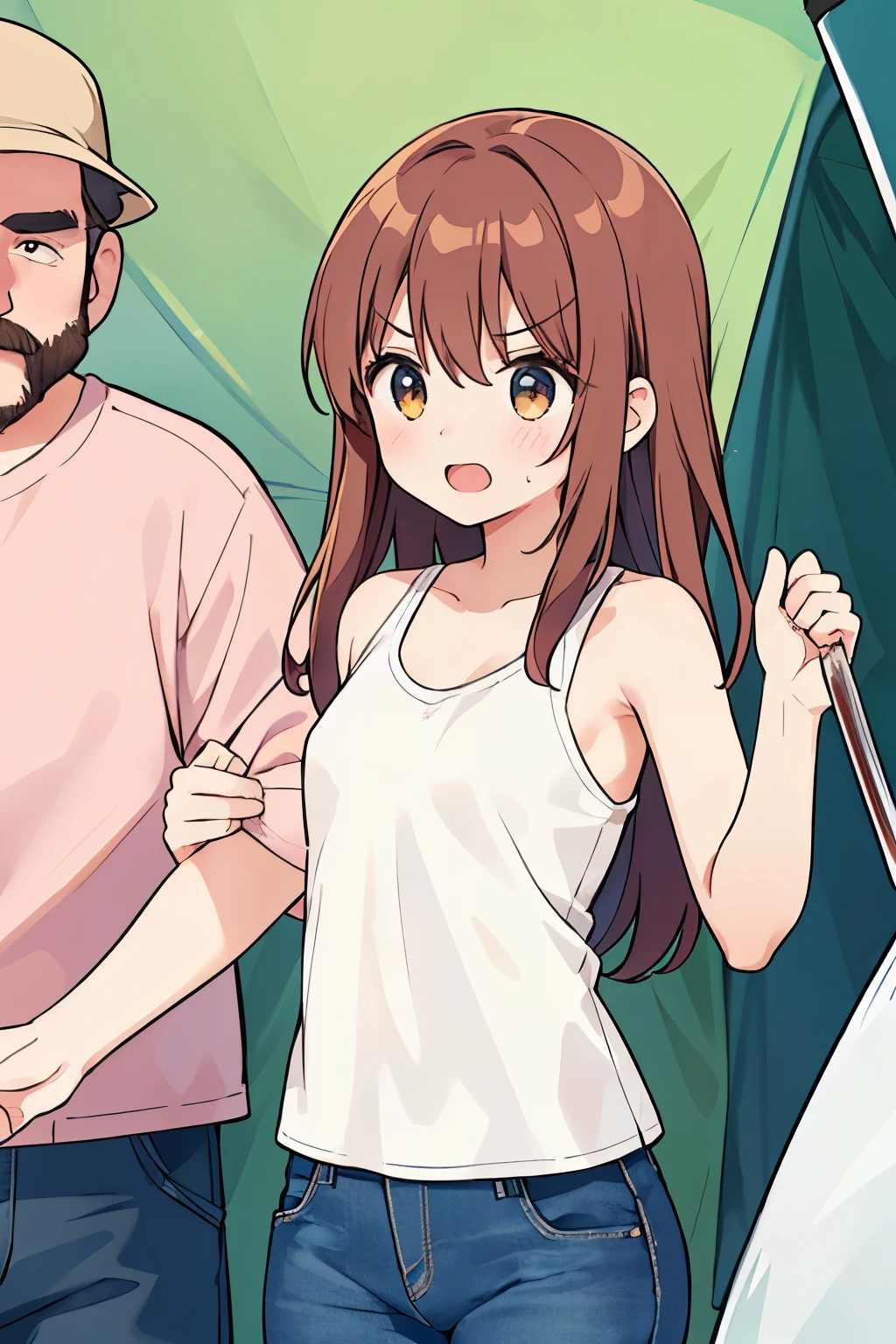 Best Quality、 1 girl, Small breasts、Girls have slender bodies、Reddish brown hair、 straight hair、 white tank top、 denim hot pants、Campsite、tent、(((One middle-aged man)))、(((Man grabs girl&#39;s butt)))、 girl with troubled face 
