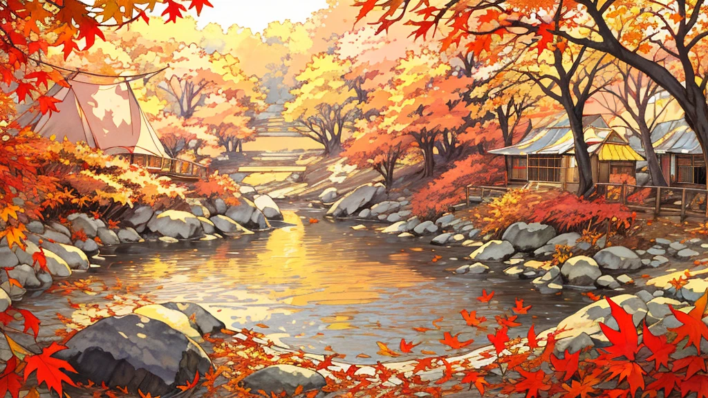 (masterpiece:1.2),  best quality ,Pixiv,  Kampala, Super detailed, it makes you feel the calm and rich beauty of nature （1.7）No humans appear,
Humans not included, Fall campground、The tent on the front right side of the screen looks big, and there is a bonfire stand beside it、Fallen leaves and autumn leaves that block the view fly through the air 
Morisora 、 Spirit Beautiful Sunset Light Shines In 、 leaves, natural beauty, surprise, magic, red leaves, yellow leaves, autumn leaves, forest light effects, mysterious atmosphere, shadow composition, another world experience