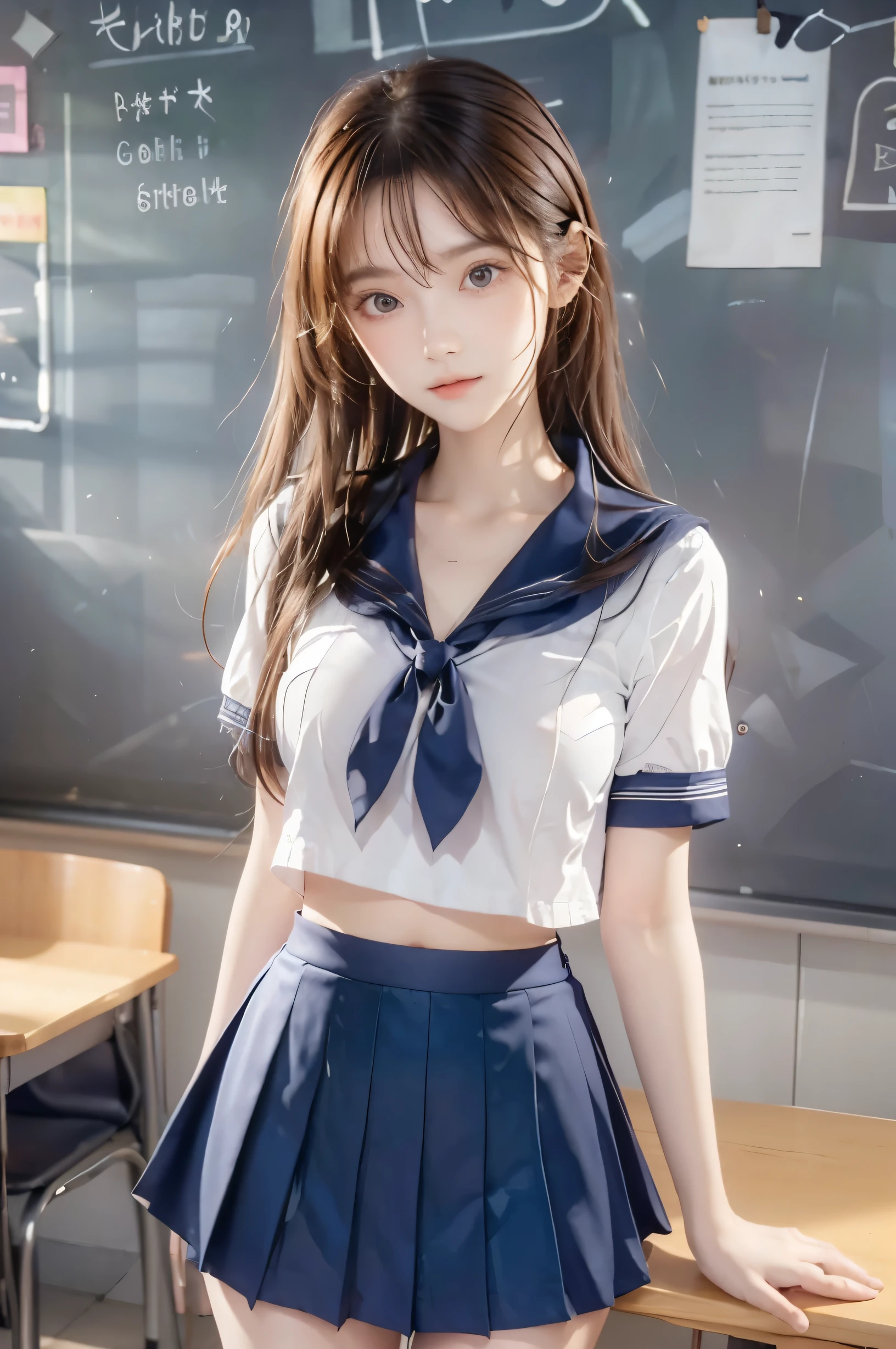 ( super high image quality ), ( looking over here), (Short-sleeved sailor uniform,  navy blue mini skirt), Big Breasts, Super beautiful breasts, Slender, (Thin legs:1.2), (Thin thighs:1.2), (Thin Hips:1.4), (Beautiful Skin,  shiny skin,  white skin), (Super slim face, Super beautiful face, No makeup, Smile:0.6), (Light Brown Hair,  semi-long, Layered Cut, Fluffy hair), (Big eyes:1.3, High corners of the eyes:1.6, double eyelid), (Thin eyebrows:0.1), (Small Nose:0.6), (Thin lips:0.6), Beautiful Hands, Empty-handed,  standing, School classroom