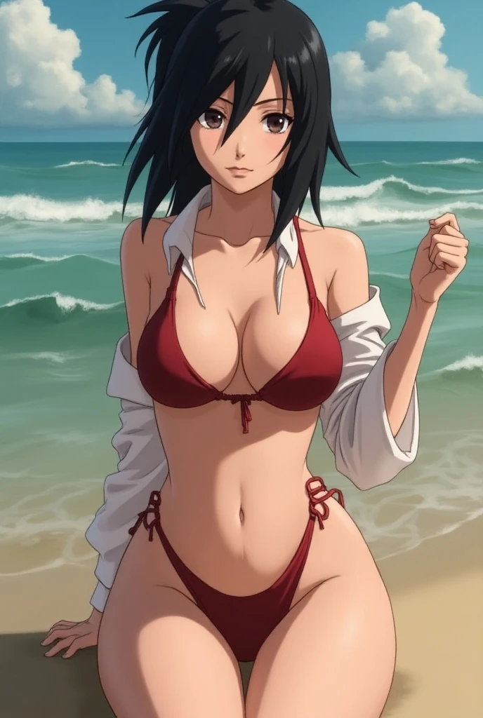 (masterpiece, best quality, high resolution, animescreencap, anime colored,), (beautiful detailed eyes, beautiful breast, shiny skin), a sexy mature anime lady standing, yor forger (spyXfamiily),((,bikini bra)), looking at viewer, ponytail,black hair,long hair, side bangs,red eyes, medium breasts, medium chest, cleavage, upper body, outdoors, beach, blue skies,clouds, sunlight,looking at viewer, smiling, solo, 1:2, 1girl 