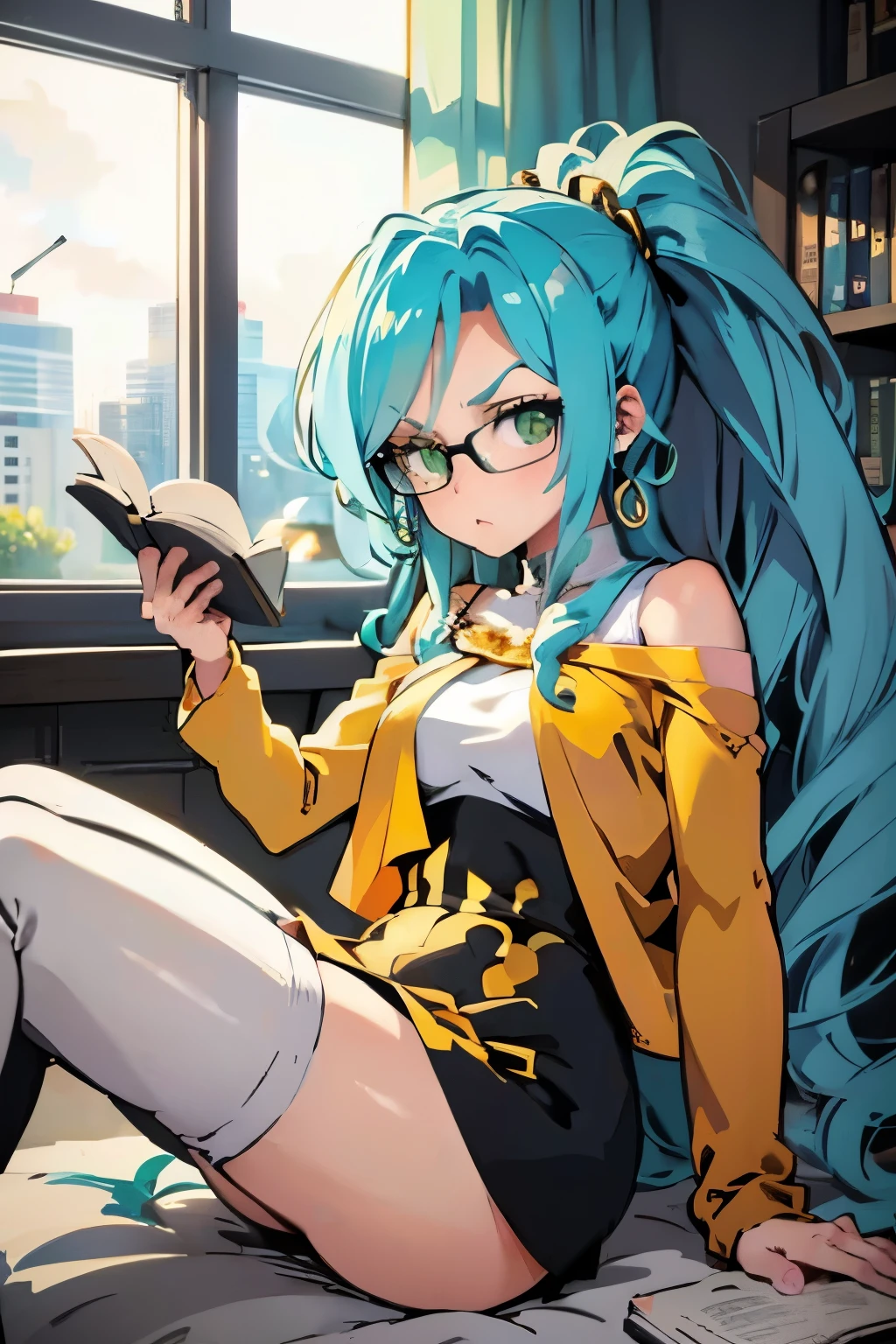 Masterpiece, 4k quality, young woman, university student, ((anime)), ((light blue hair)), ((wavy hair)), ((hair tied in a ponytail)), ((green eyes)), ( (glasses, square lenses)), (cute girl)), ((sitting on her bed)), ((lying in front of the back of the bed)), ((reading a book)), ((relaxed position) ), ((reading a book)), ((wearing a white sweatshirt)), ((tight black bloomers)), ((bare legs)), ((bare feet)), ((the walls of the room are made of wood color)), ((yellow Christmas lights around the window)), ((the window has a view of a night city landscape)),((chibi)) ,(()),((kawaii)) ,((cute eyes)),((bright eyes)) 