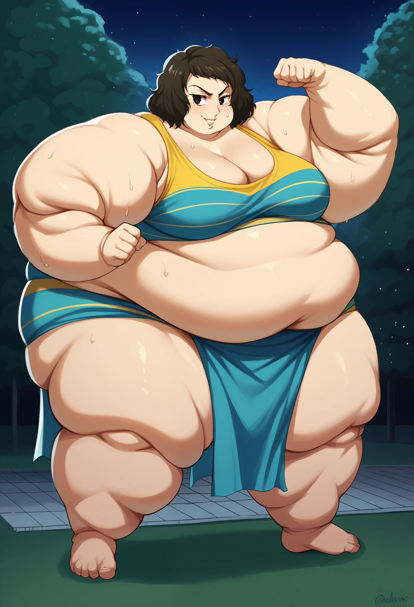 score_9, score_8_up, score_7_up, source_anime BREAK 1girl, kawakami sadayo, ganryu, night, park, smile, sweating, growing fatter, fat, chubby, obese, full body shot, gigantic arms and legs, obese,loincloth,  a mawashi, sumo wrestler, shiko dachi stance, horse stance