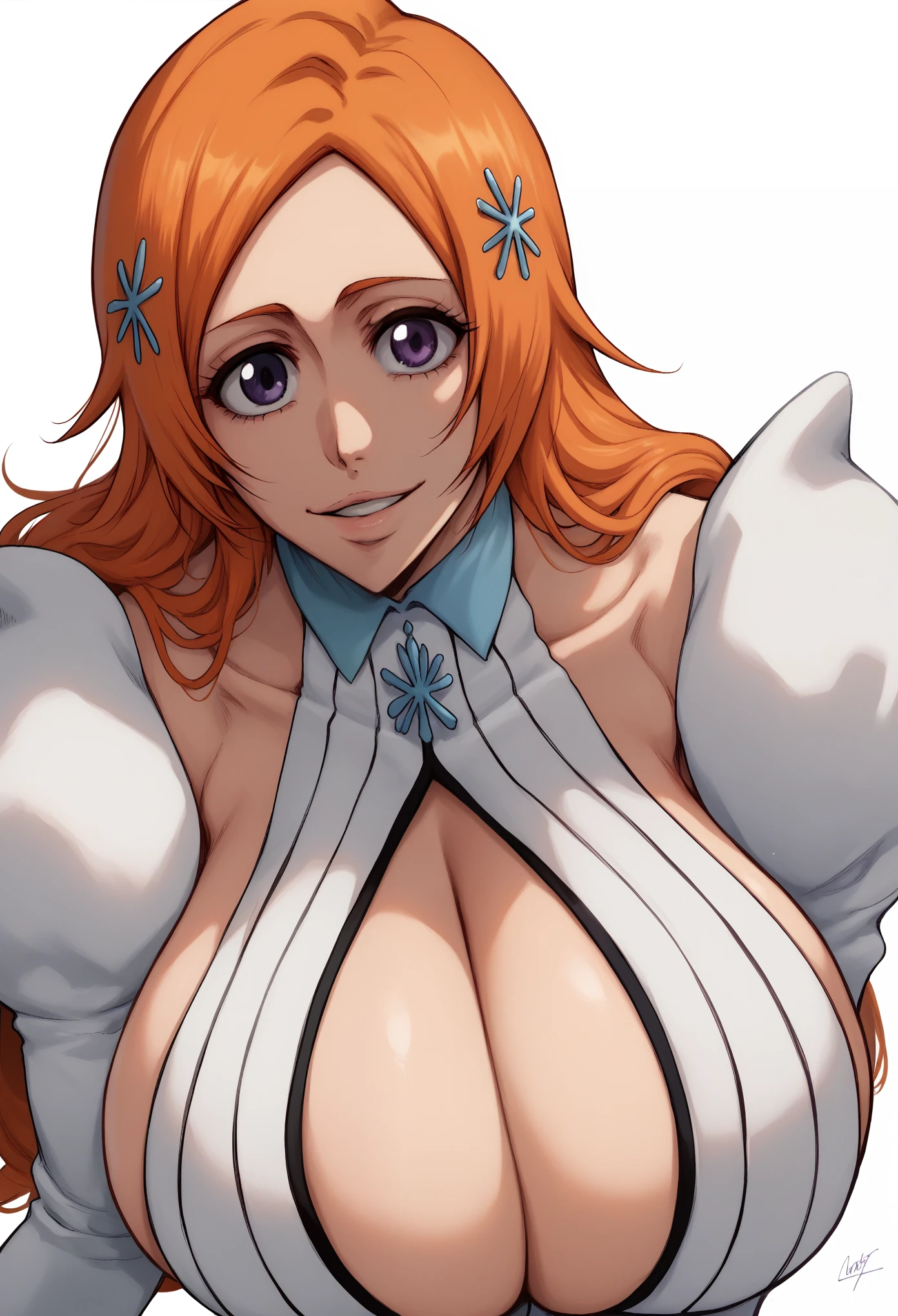 portrait, solo focus, solo, close-up, (white background, plain background, simple background:1.3), looking at viewer, (parted lips:1.2), :1.2) eft_bleach_orihime, orihime the thousand year blood war arc, 1girl, inoue orihime, solo, long hair, orange hair, grey purple eyes, white dress bleach, huge breasts, sleeves, hair ornament, large breasts, white dress, the thousand year blood war outfit orihime, cleavage, hairclip, purple eyes, smile, happy, from front,