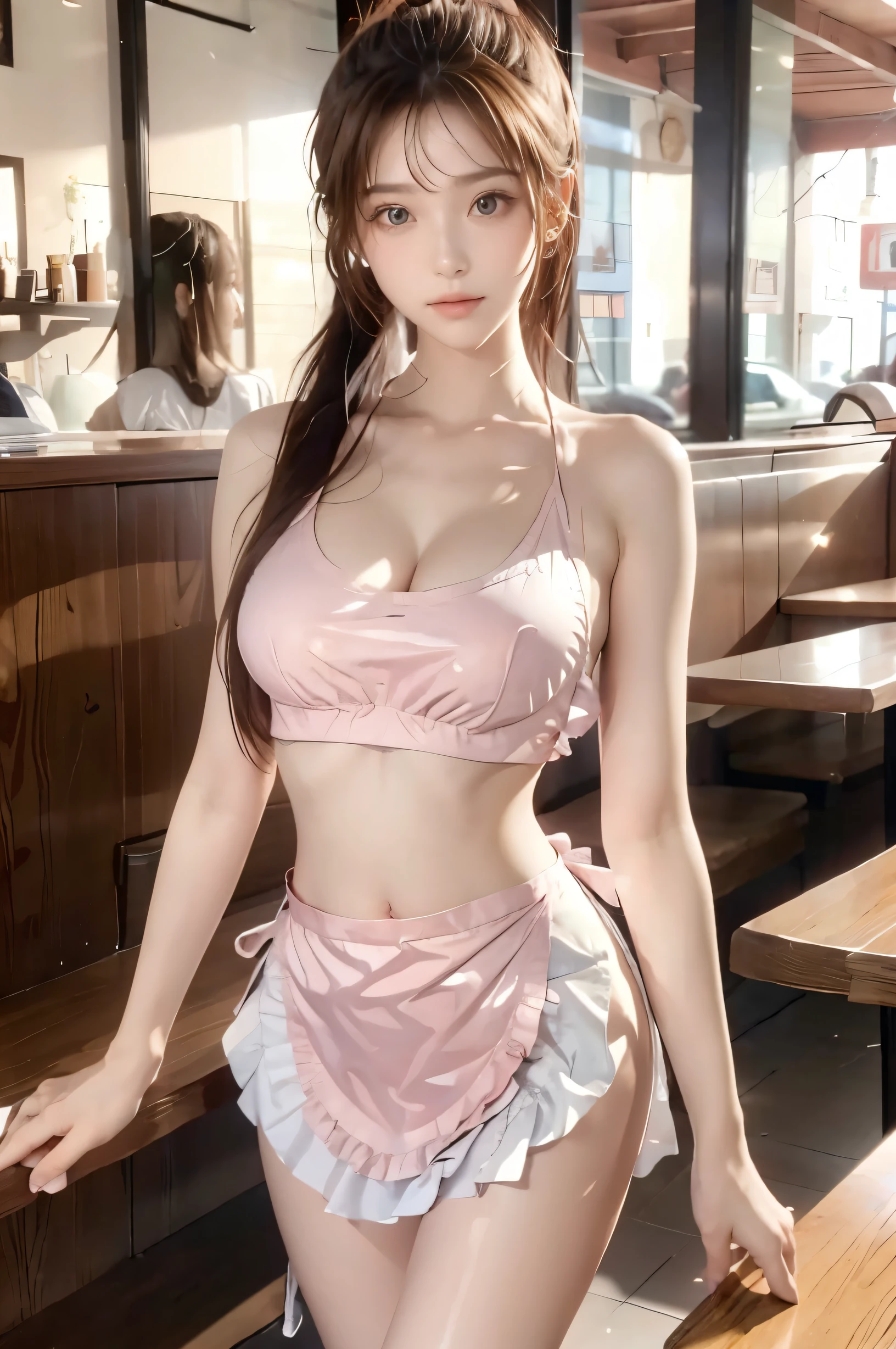 ( super high image quality ), ( looking over here), (Pink shirt, White ruffled apron), Big Breasts, Super beautiful breasts, Slender,  narrow waist, (Thin legs:1.2), (Thin thighs:1.2), (Thin Hips:1.4), (Beautiful Skin,  shiny skin,  white skin), (Super slim face, Super beautiful face, No makeup, smile:0.6), (Light Brown Hair,  long ponytail, Layered Cut, Fluffy hair), (Big eyes:1.3, High corners of the eyes:1.6, double eyelid), (Thin eyebrows:0.1), (Small Nose:0.6), (Thin lips:0.6), Beautiful Hands, Empty-handed,  standing, Bright restaurant