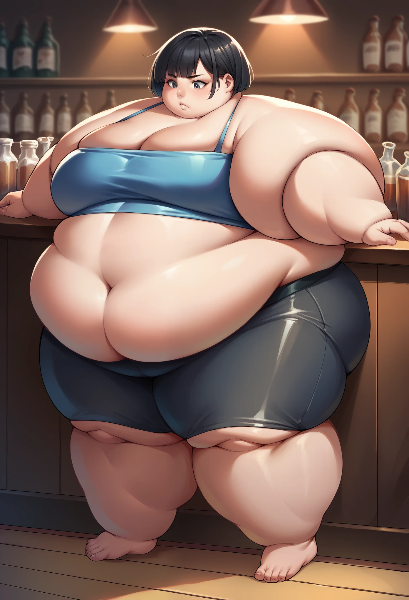 hiraguchip5, short hair, black hair, blue tube top, black bike shorts, midriff, cleavage, fat, chubby, obese, bar, full body shot, gigantic arms and legs 