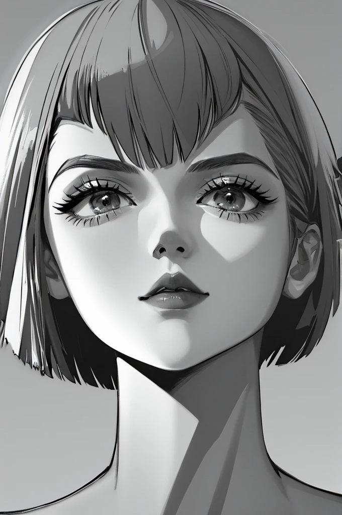 1girl, solo, monochrome, greyscale, bob cut, short hair, portrait, black turtleneck, closed mouth, bangs, from below, looking up, blunt bangs, sketch, graphite, hatching, realistic, detailed, high contrast, chiaroscuro, cinematic lighting, moody atmosphere, contemplative expression, masterpiece, 8K, 