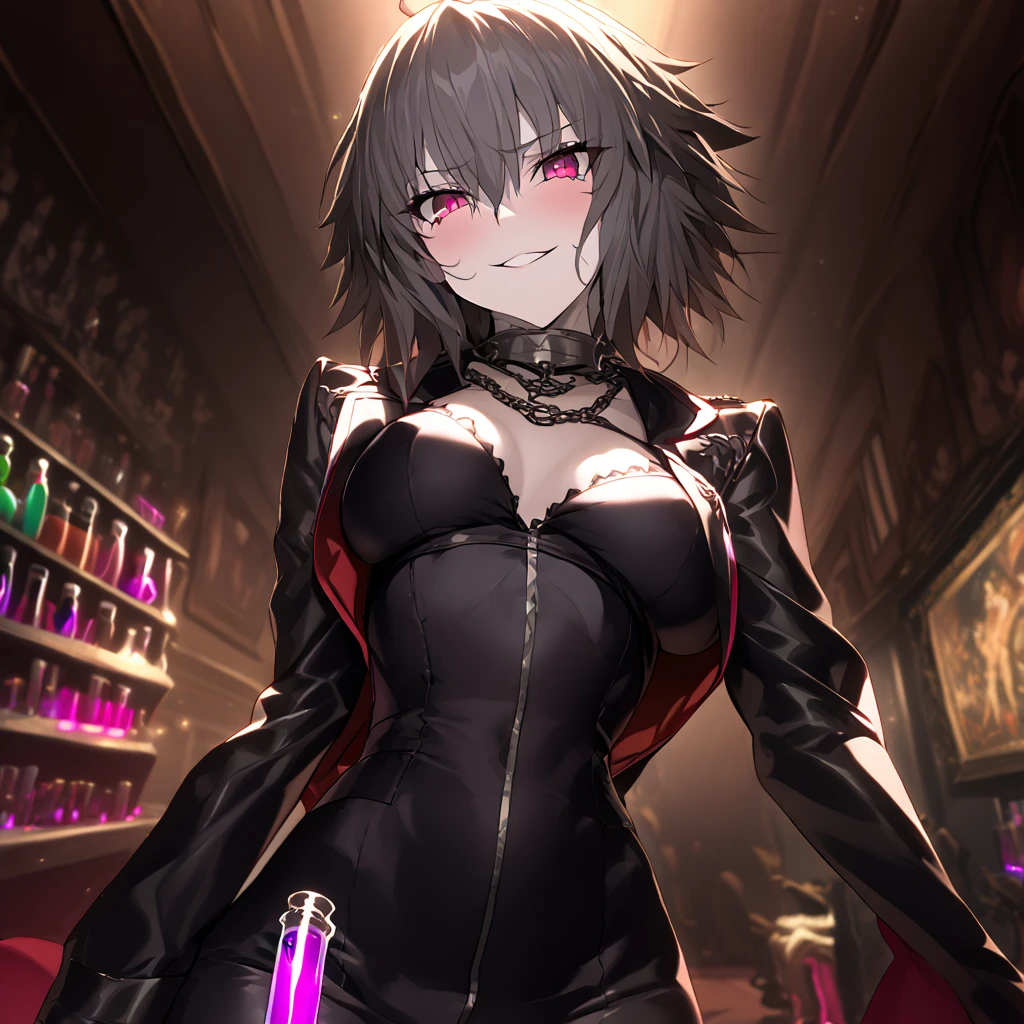 nsfw High image quality、best quality、extremely detailed CG unity 8k wallpaper、Masterpiece、ultra detailed、super fine illustration、detailed beautiful face、detailed beautiful eyes、Big Breasts、big ass、glamorous body、 Jeanne Alter (fate) ((My slave))(Metal collar) (very embarrassing) ( vulgar underwear)(sweat)(Slaves seeded by me) smile、Beautiful eyelashes、((pure love)) (casino vip room) (Storing my semen in a test tube)